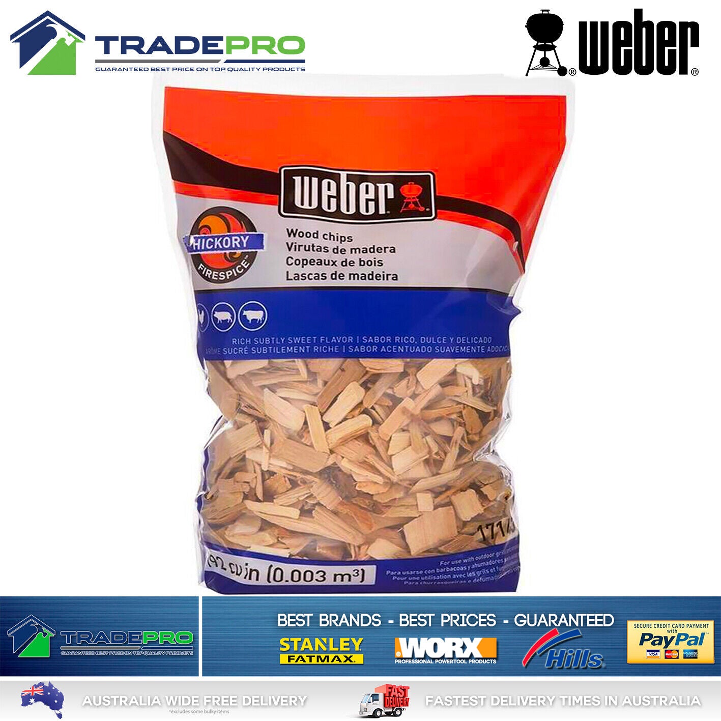 Weber PRO Hickory Smoking Wood Chips 900g Smoke Fire BBQ Baby Q 1000 2000 Smoker