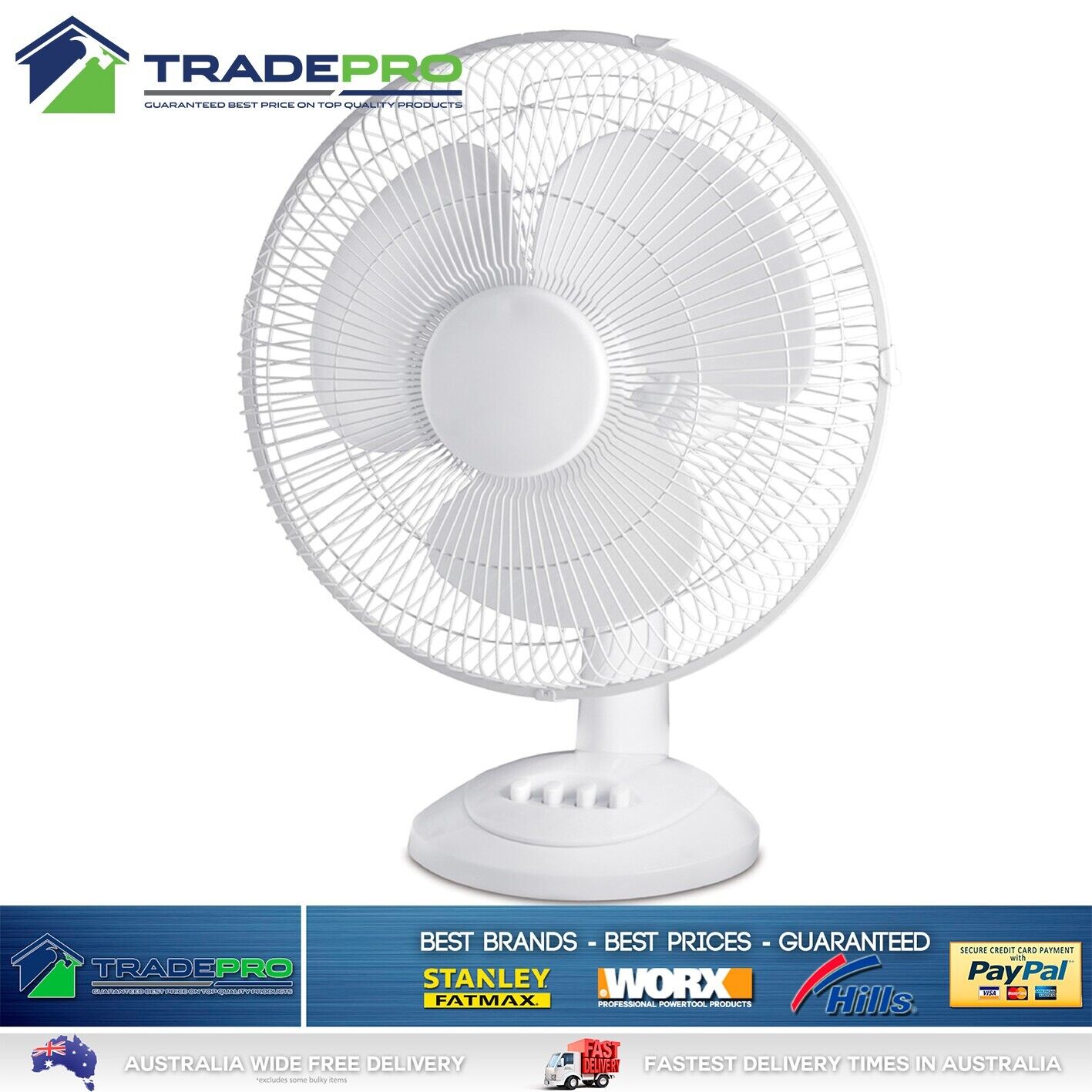 Desk Fan 30cm White 3 Speed Oscillation Floor Air Circulator Cooler PRO