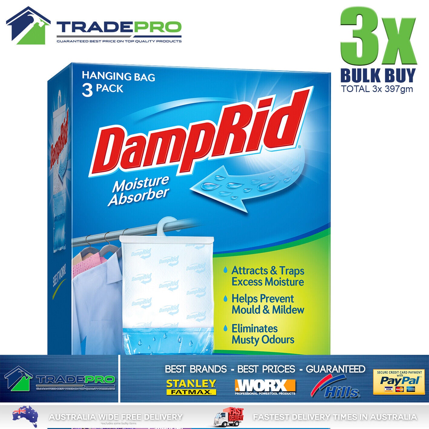 3x DampRid Hanging Moisture Absorber 397g Damp Rid Lavender Mould Odour Kill