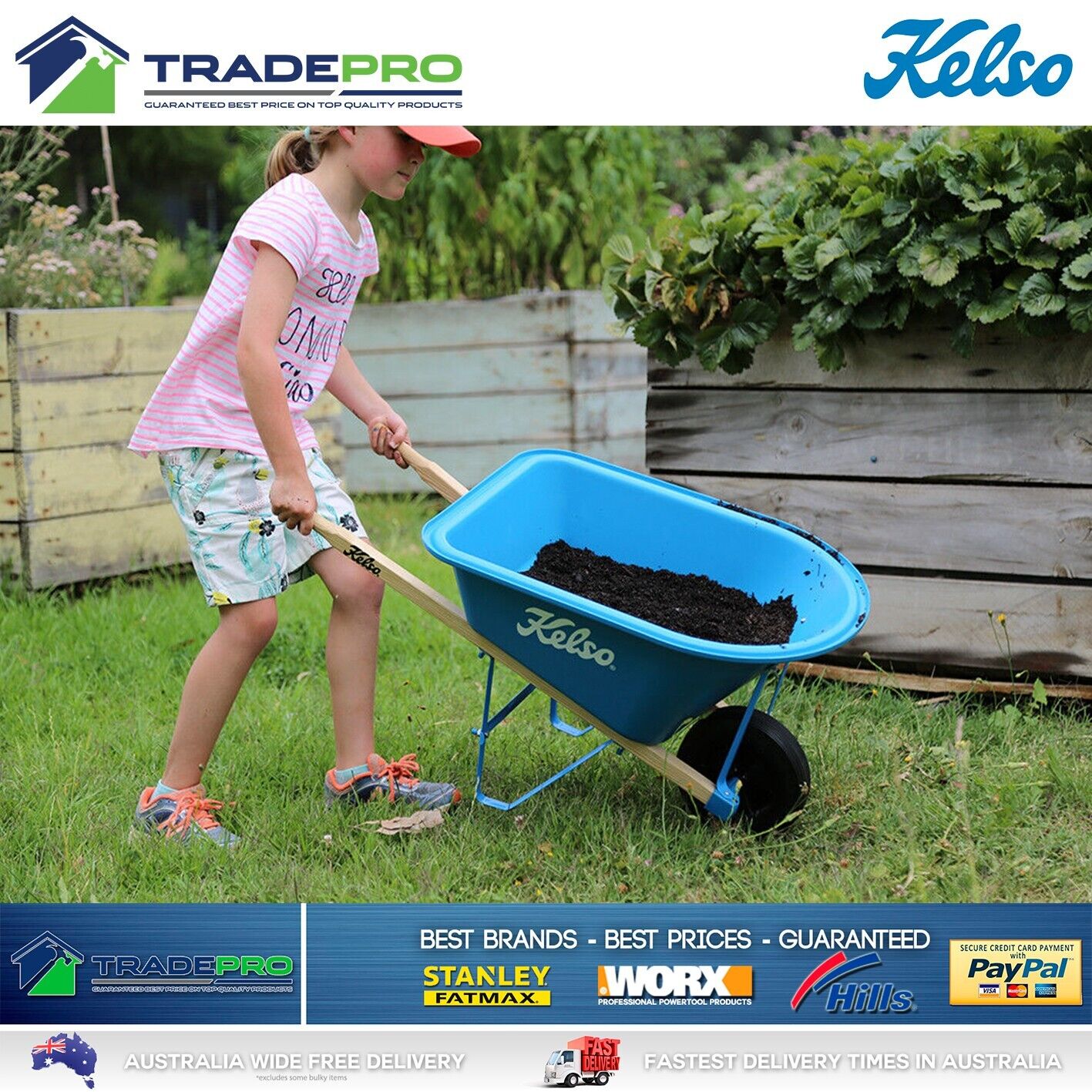 Kids Wheelbarrow Kelso Timber Handles and Poly Tray Wheel Barrow Garden Cart