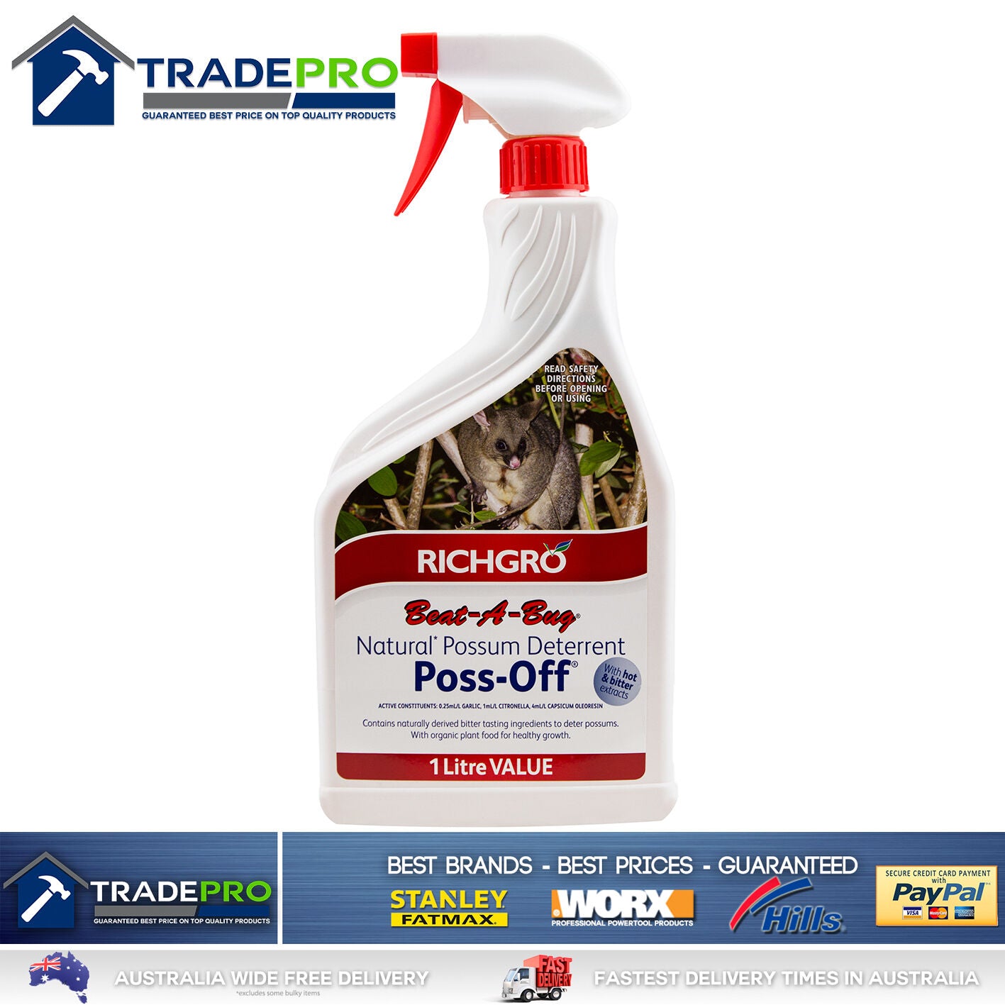 Poss Off® 1Ltr Possum Deterrent Rabbit Animal Repellent Pet Safe Spray 1 Litre