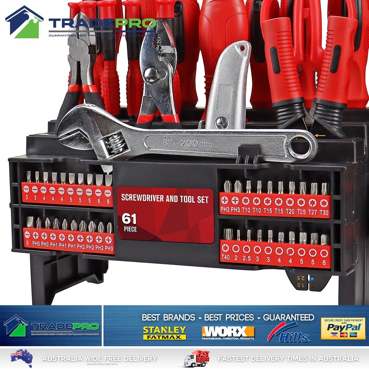 Tool Set 61pc Cr-V Screwdriver Plier Tape Measure Wrench Knife Kit Workbench PRO