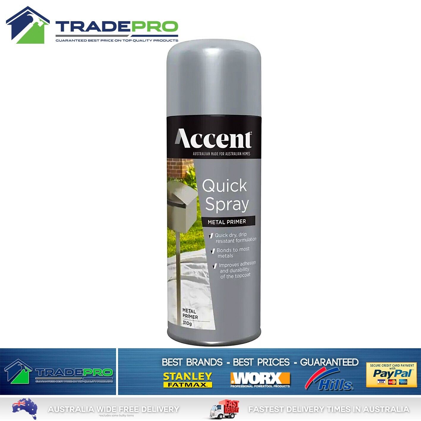 Spray Paint Can 310g Grey Metal Primer Quick Dry Smooth Bond Drip Resistant PRO