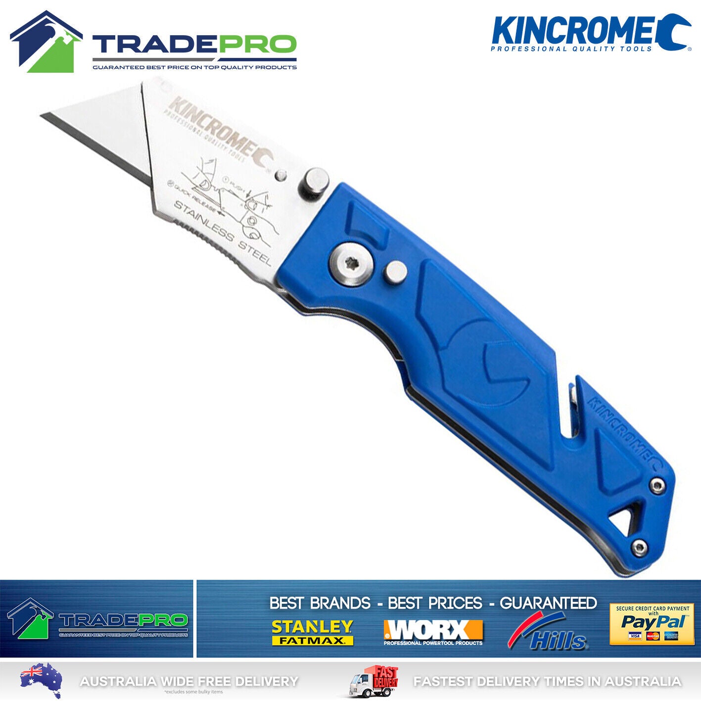 Kincrome® Ultility Knife Folding Box Cutter Blade PRO Pocket Trade Heavy Duty