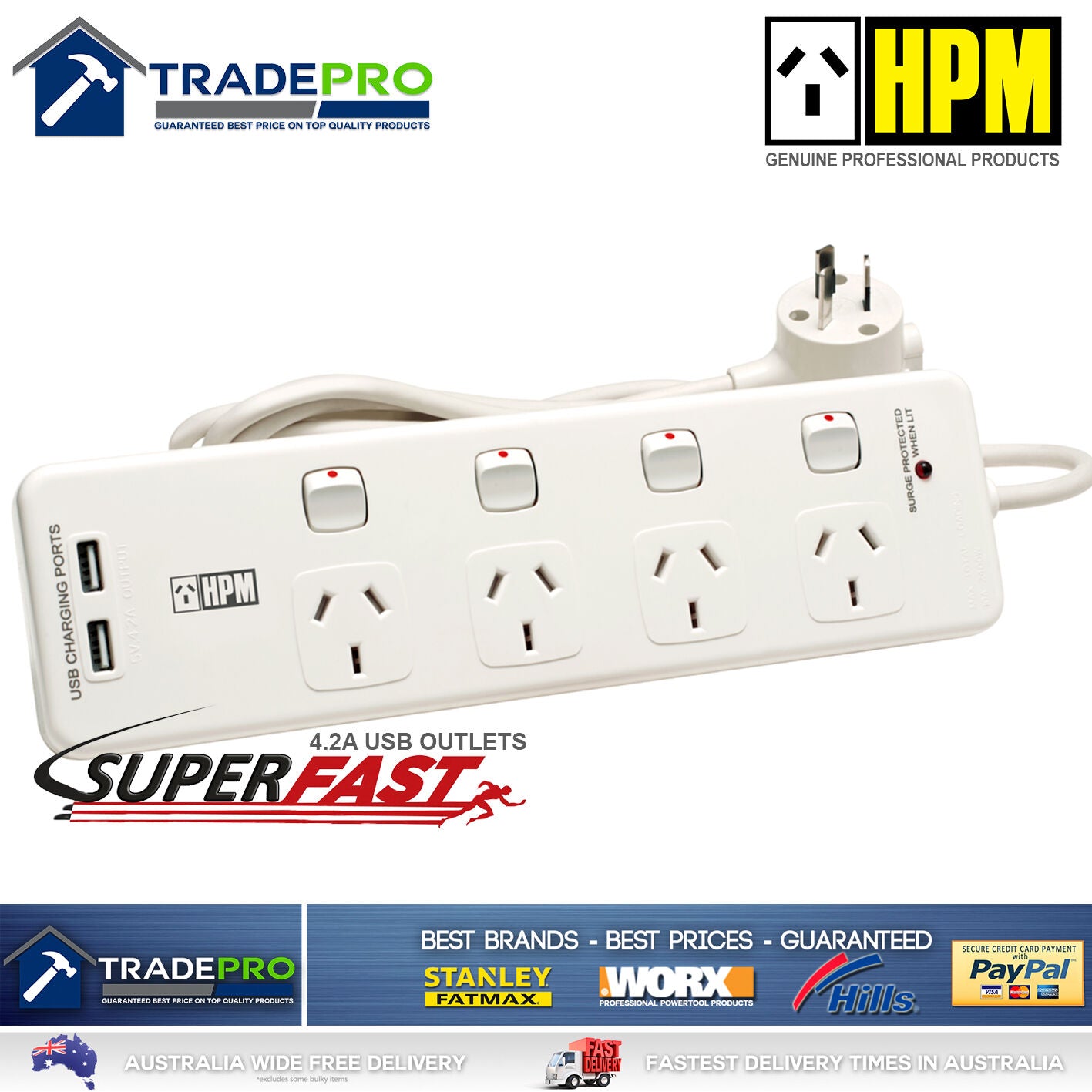 Power Board Surge Protector HPM® Smart Fast USBs & 4 Outlet Individual Switched