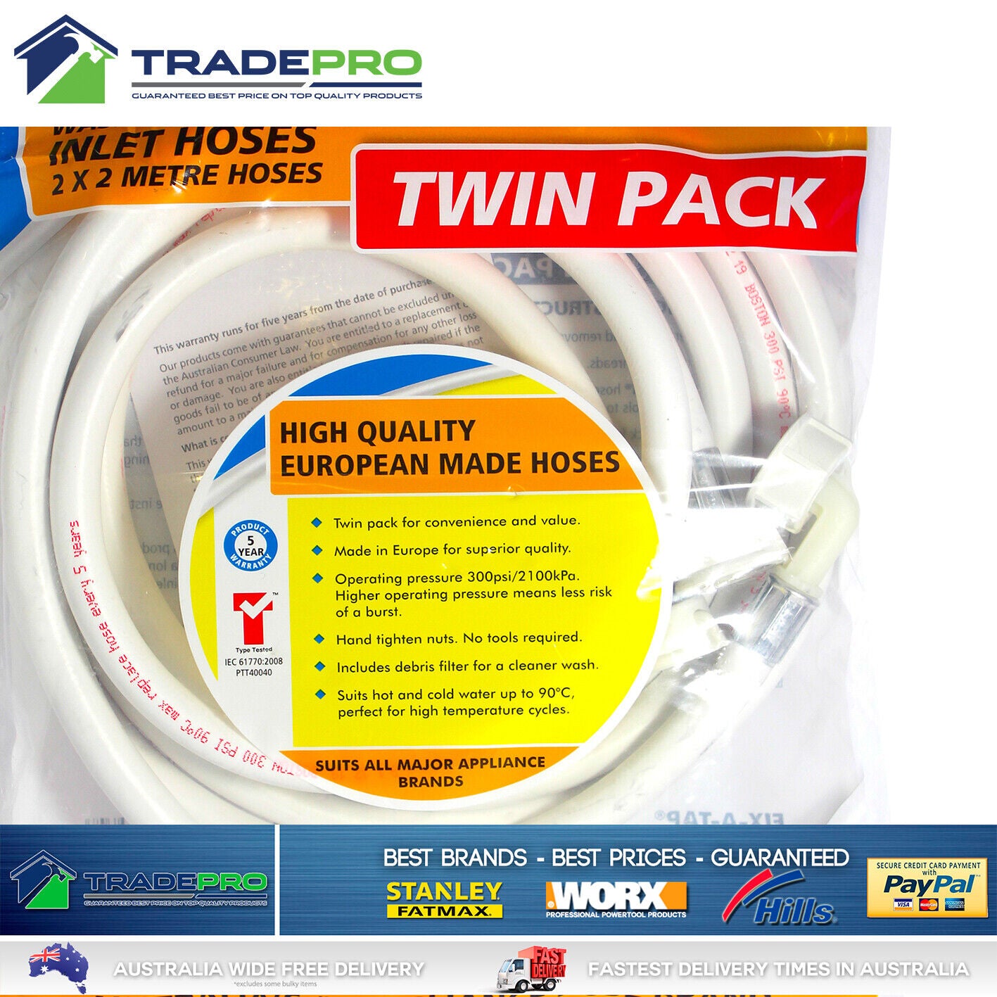 Boston® Universal Twin Pack 2pc Washing Machine Dishwasher Hose Hot Cold Water