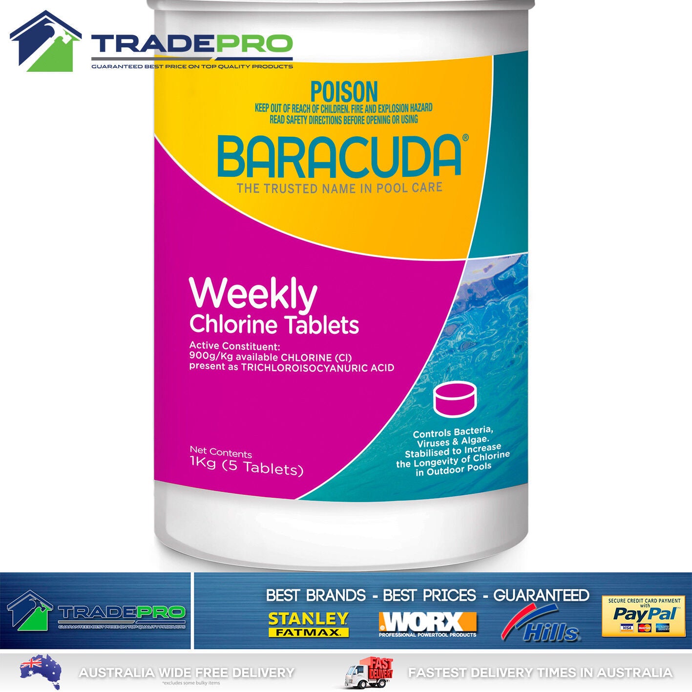 Pool Tablets PRO Once A Week Chlorine 1kg Baracuda Multi Action Water Sanitiser