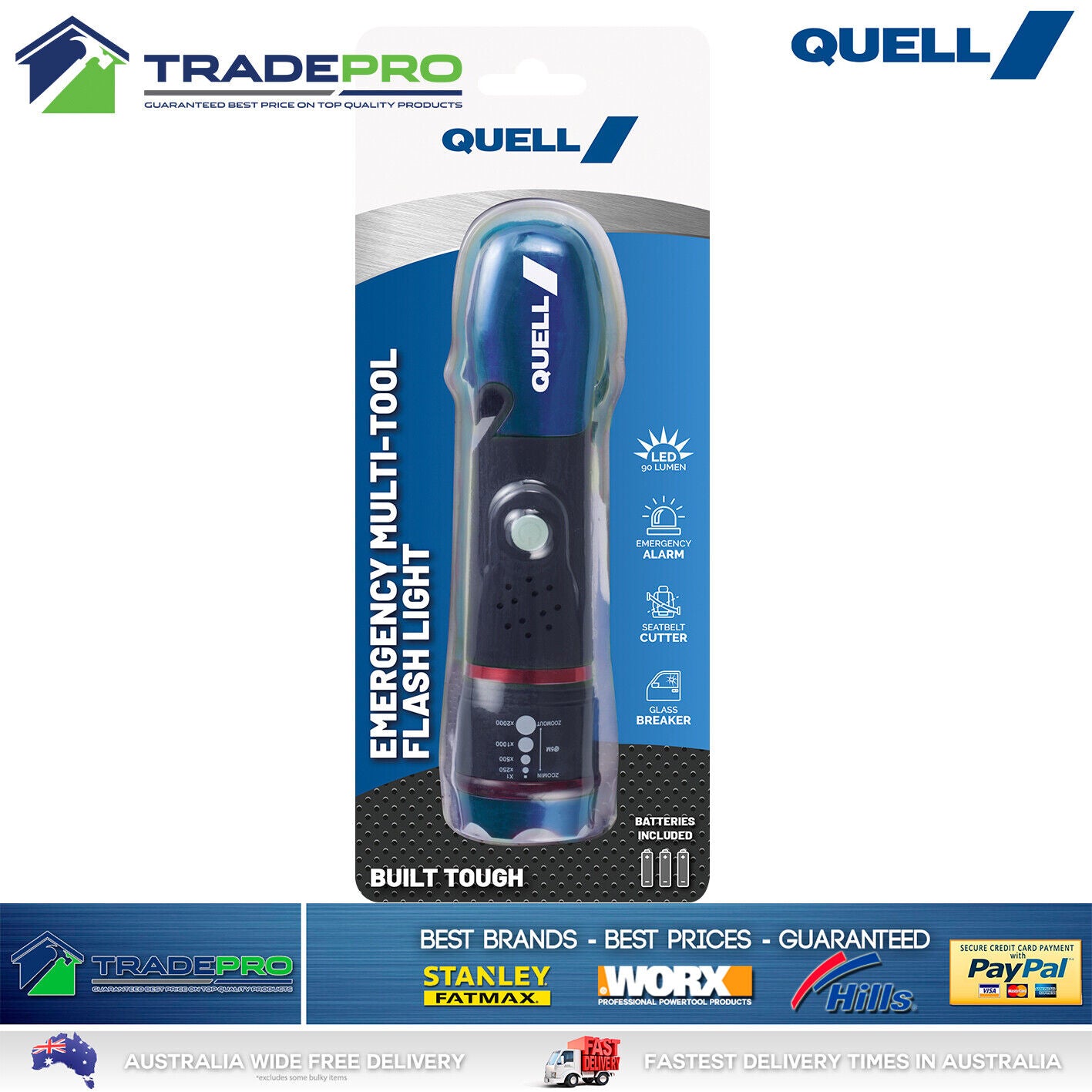 Quell Flashlight Emergency Torch Survival Knife Cutter & Breaker Multi Tool LED