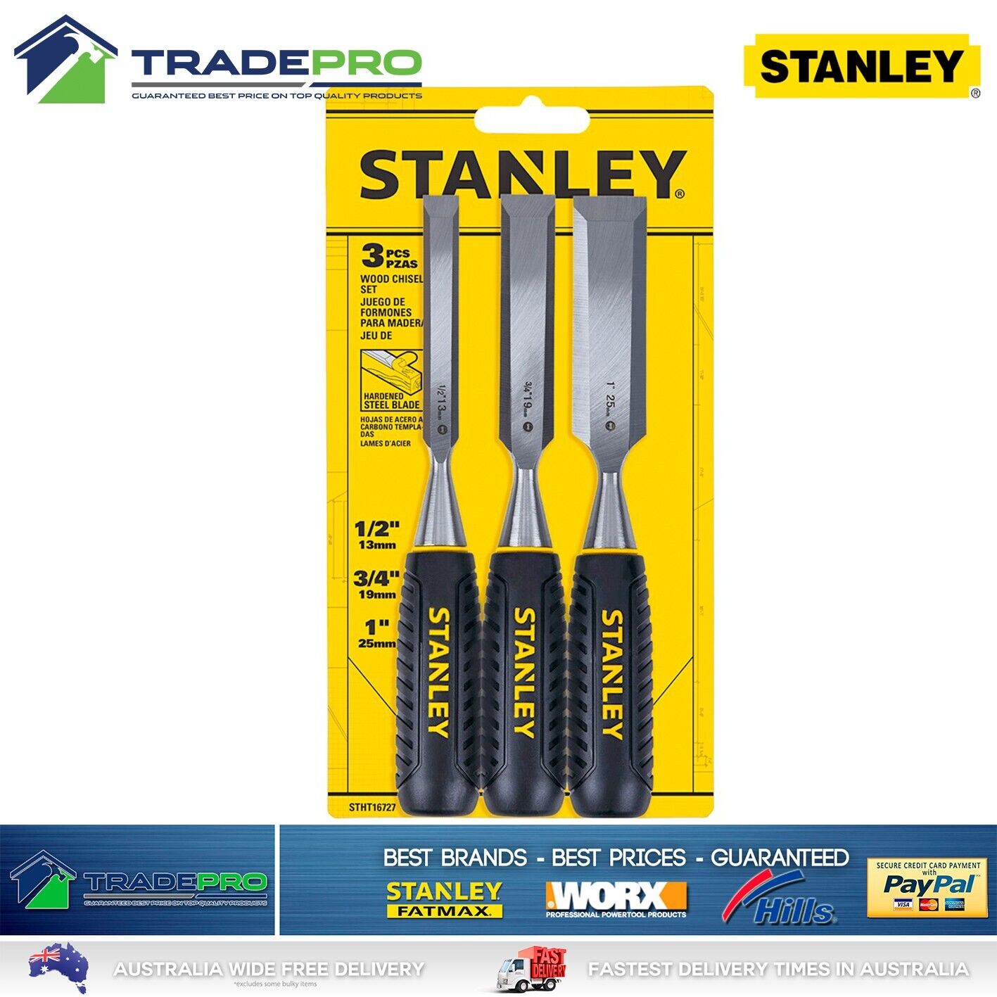 Genuine Stanley Heavy Duty 3 Piece Forged Hardened Chisel Set Wood Cutting PRO