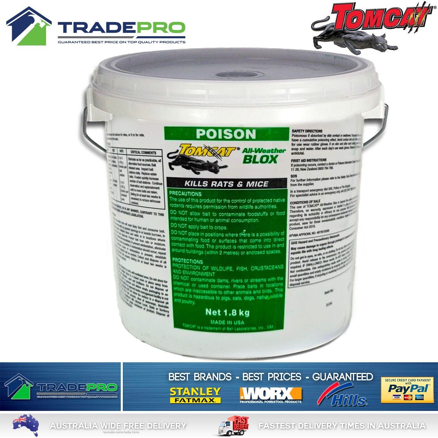 Tomcat Ultra All Weather Blox 1.8kg PRO Rat Bait Mouse Trap Poison Rodent Killer