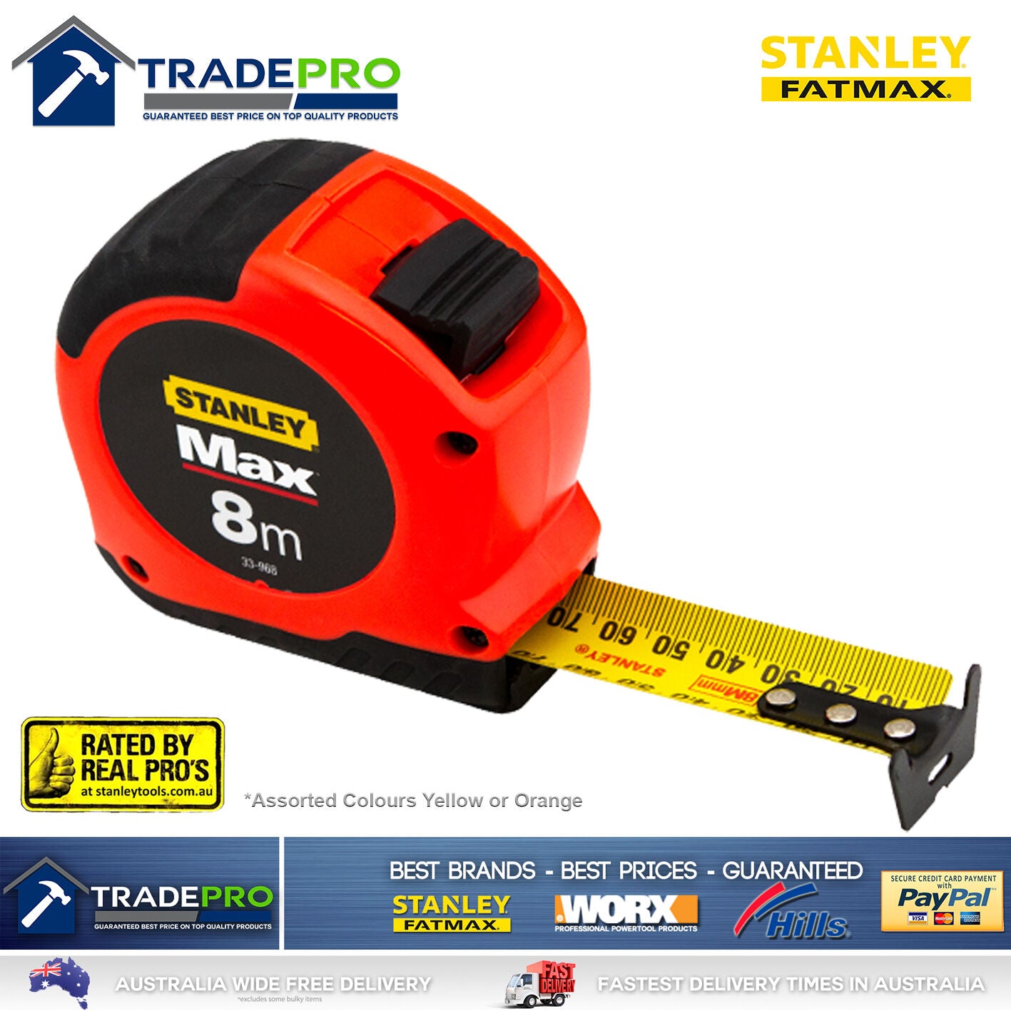 Stanley Tape Measure 8m Metric Fatmax Quality 8Mtr Metre Assorted Yellow Orange