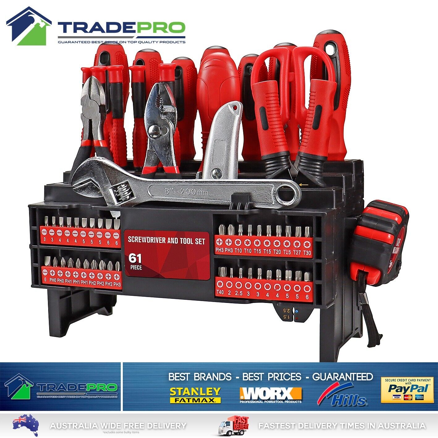 Tool Set 61pc Cr-V Screwdriver Plier Tape Measure Wrench Knife Kit Workbench PRO