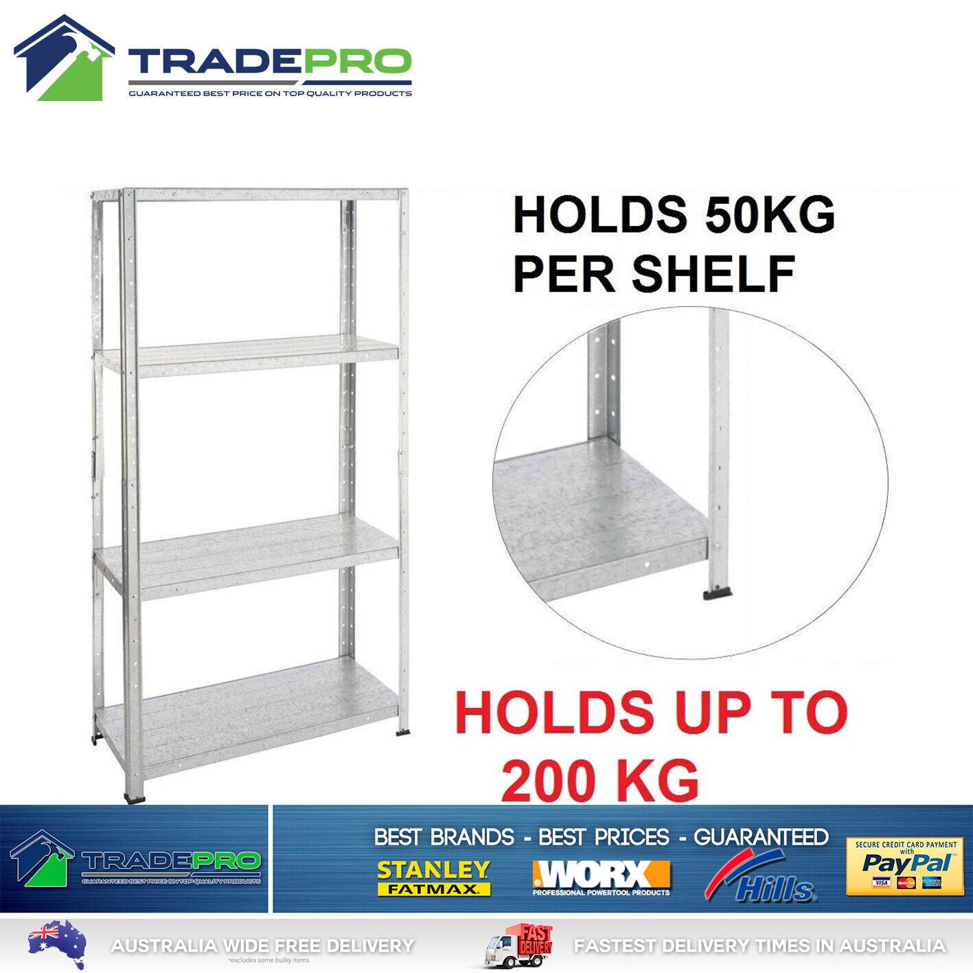 4 Shelf Metal Garage Shed Storage Unit Galvanised Steel 50kg Shelving Book Rack