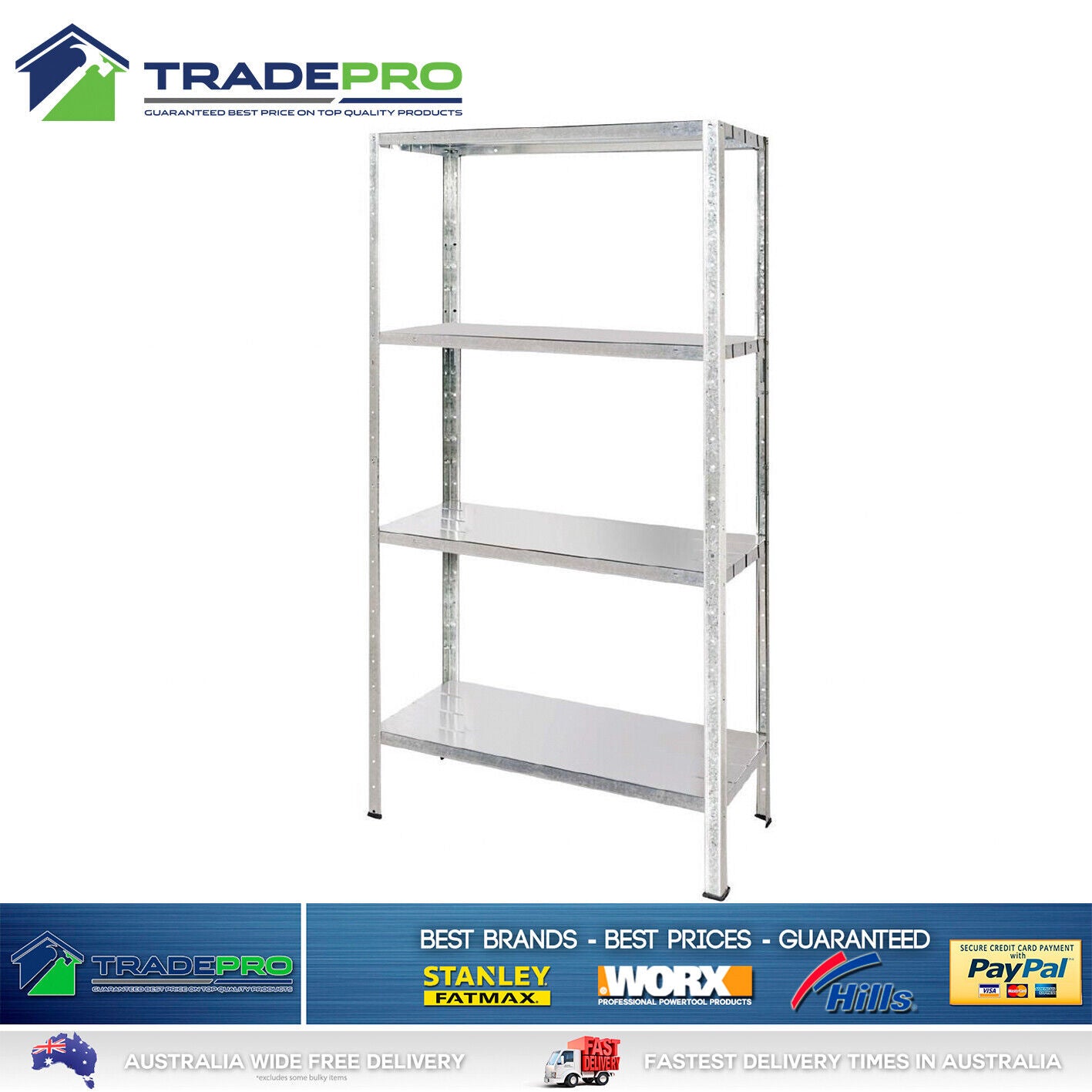 4 Shelf Metal Garage Shed Storage Unit Galvanised Steel 50kg Shelving Book Rack