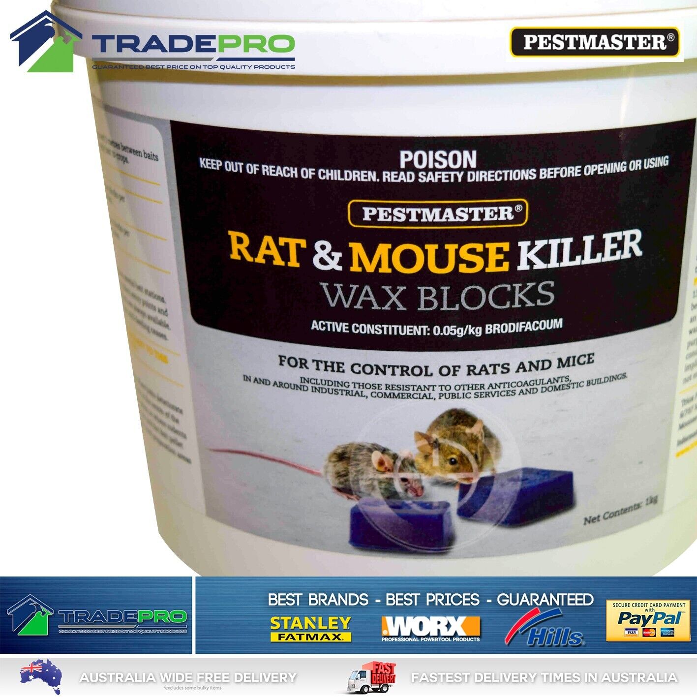 Pestmaster All Weather Wax Blox 1kg Rat Bait Mouse Blocks Poison Rodent Killer