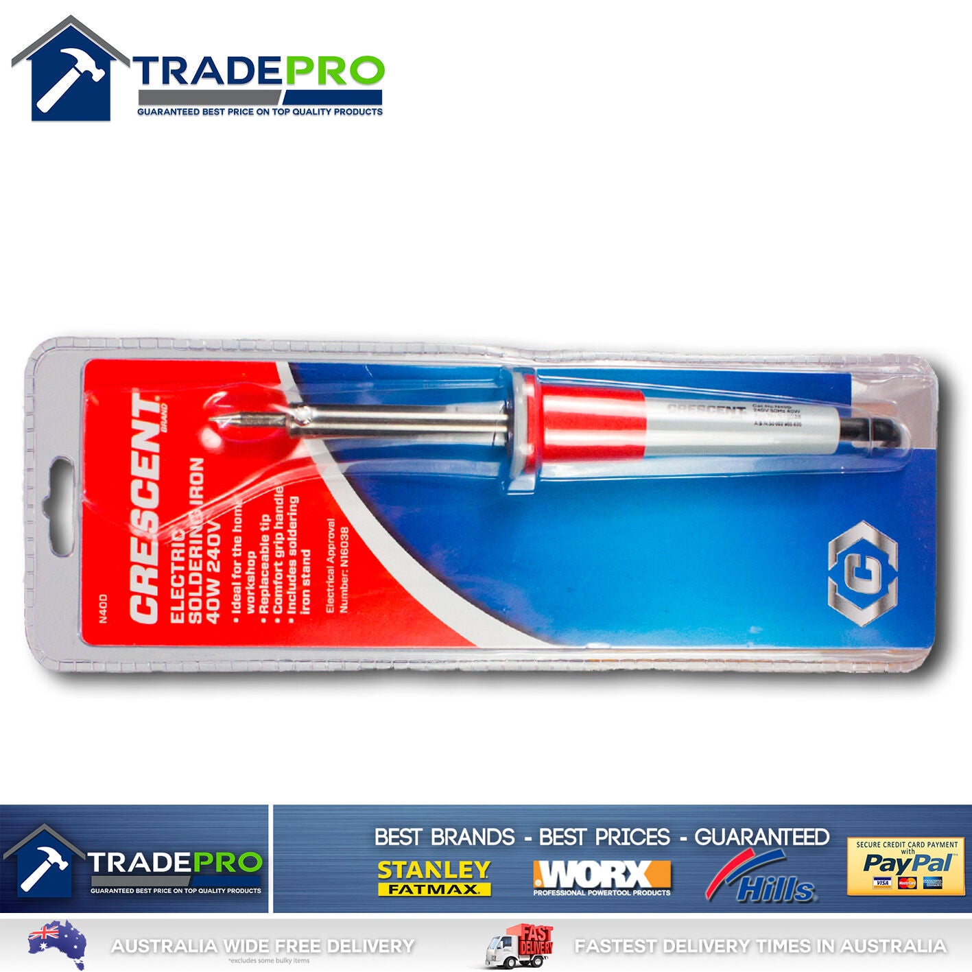 Soldering Iron 40Watt With Stand & Tips Solder Hobby Genuine Cresent Brand 40W