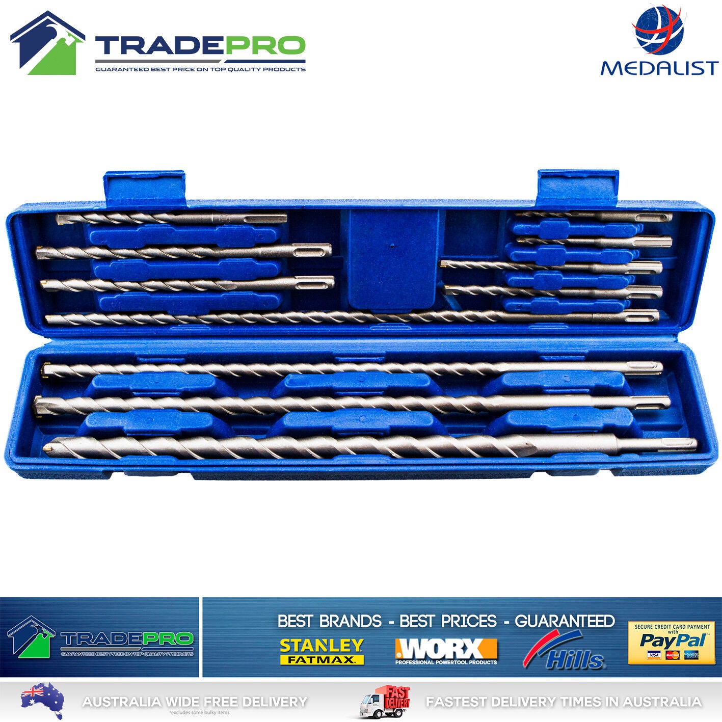 11pc SDS Drill Bit Set Masonry Hammer Rotary Tungsten Carbide Tip Kit with Case