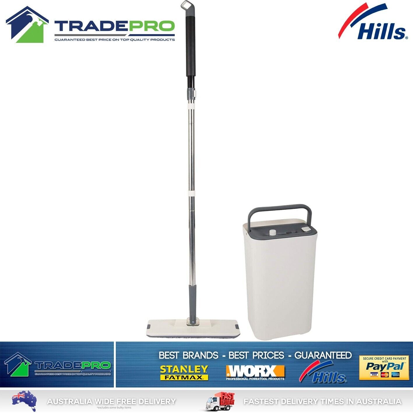 Hills Mop & Bucket Set Genuine Microfibre Squeeze Flat Floor Cleaner Tiles Vinyl