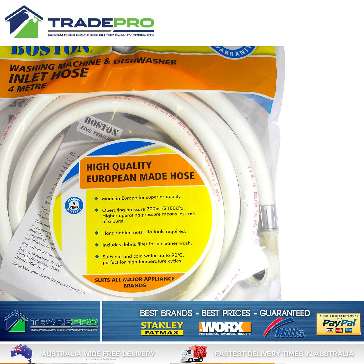 Boston® Universal 4m Washing Machine & Dishwasher Inlet Hose Hot and Cold Water