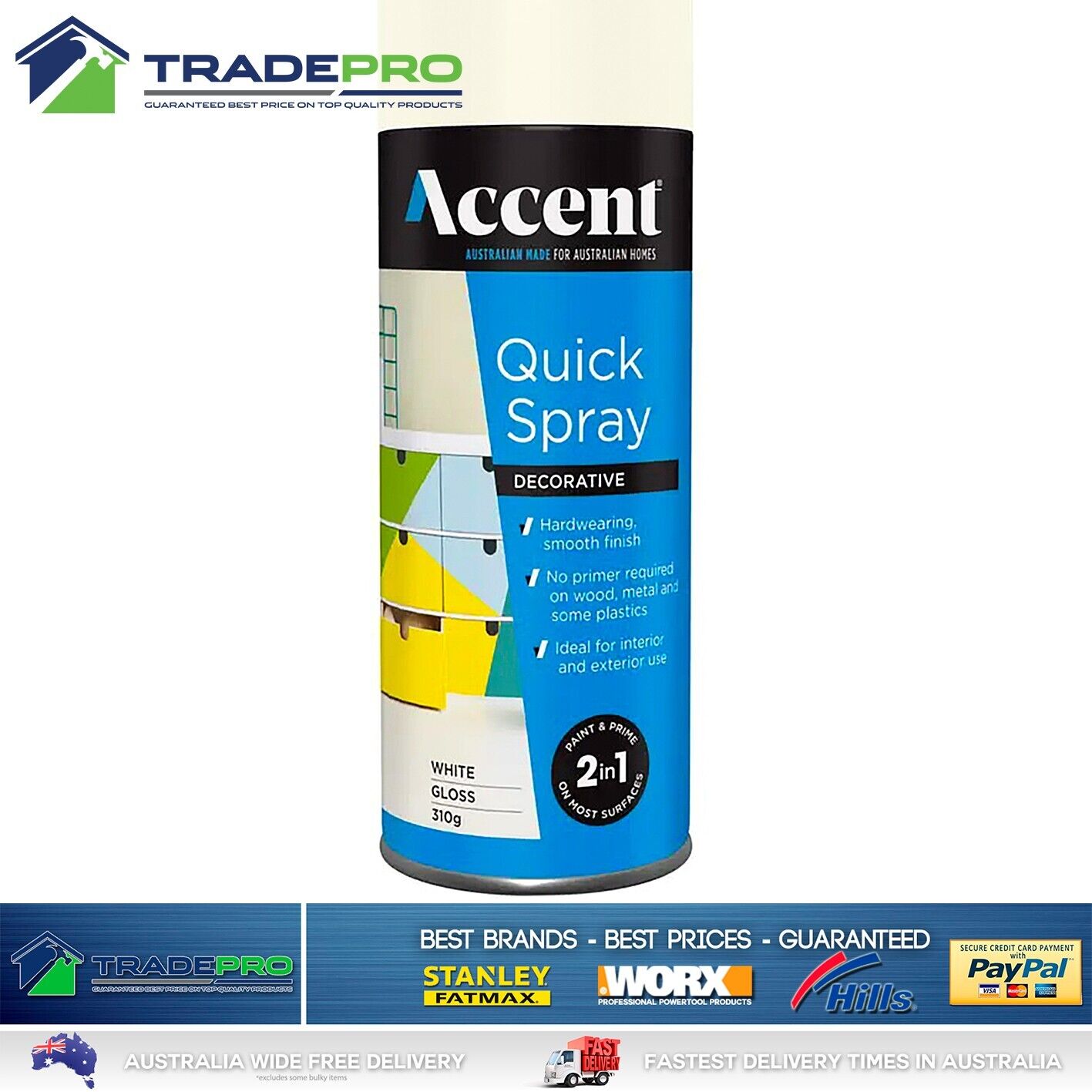 Spray Paint Can 310g Gloss White 2in1 PRO Enamel Wood Metal Plastic Int&Ext