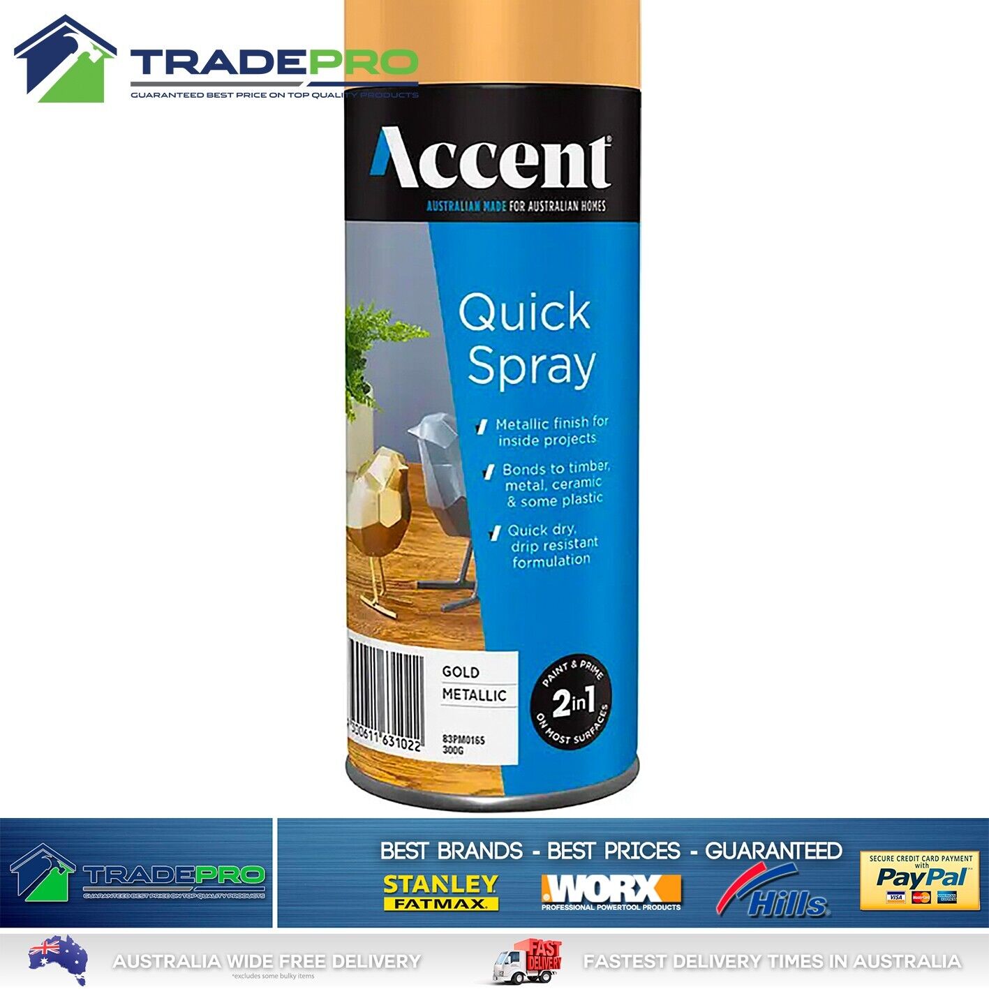 Spray Paint Can 300g Metallic Gold 2in1 Gloss Enamel Wood Metal Plastic Int&Ext