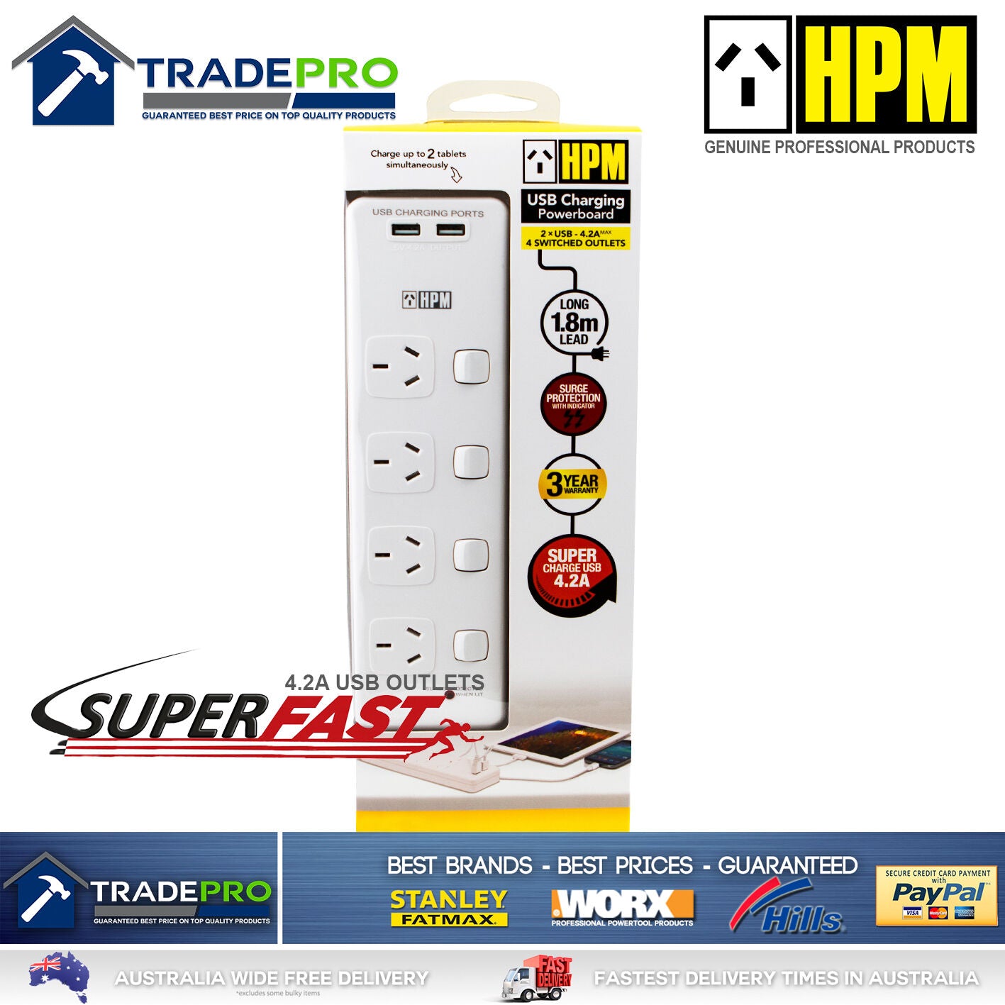 Power Board Surge Protector HPM® Smart Fast USBs & 4 Outlet Individual Switched