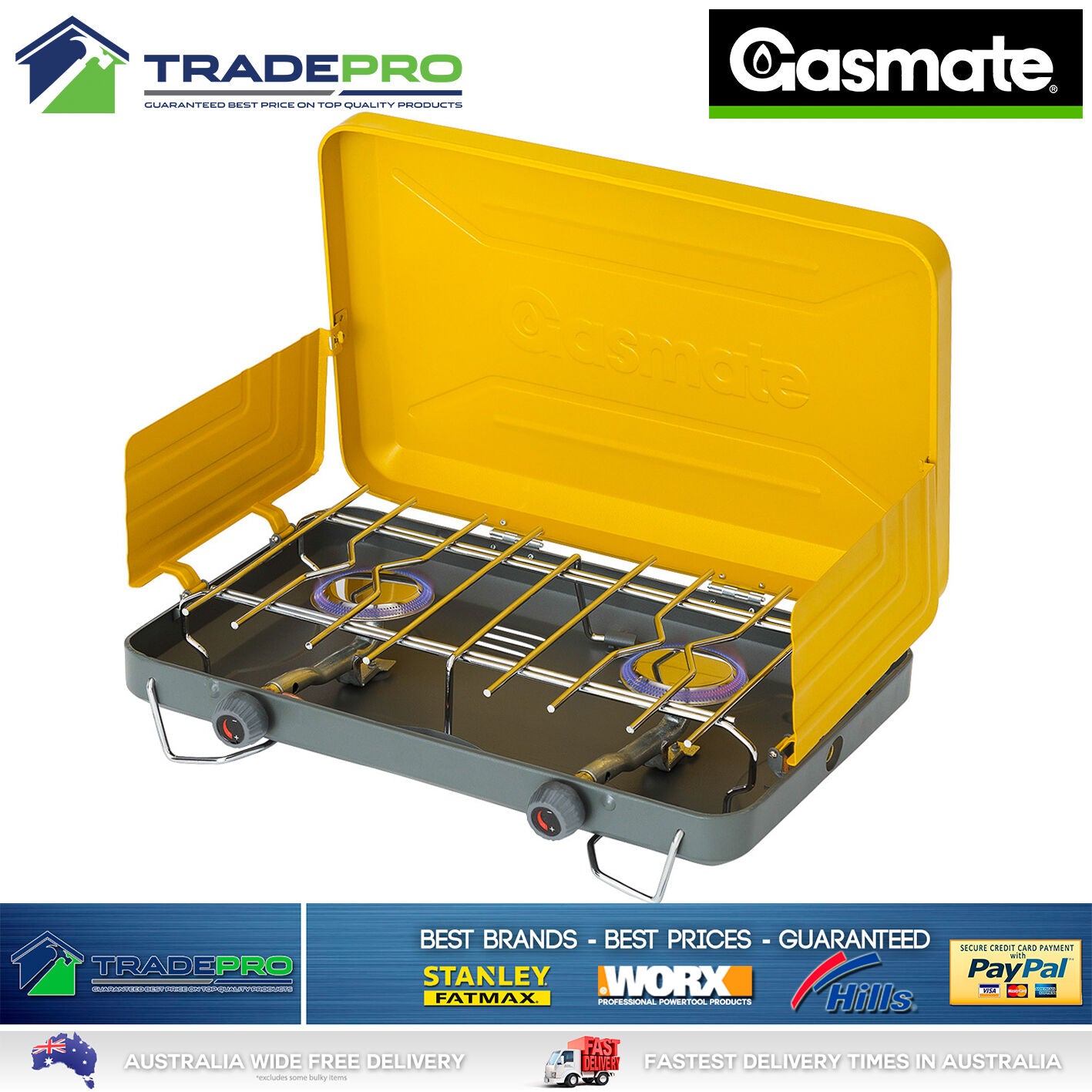 Gas Stove Gasmate® Turbo 2 Burner Camping Portable Cooker BBQ & Gas Hose CS1095