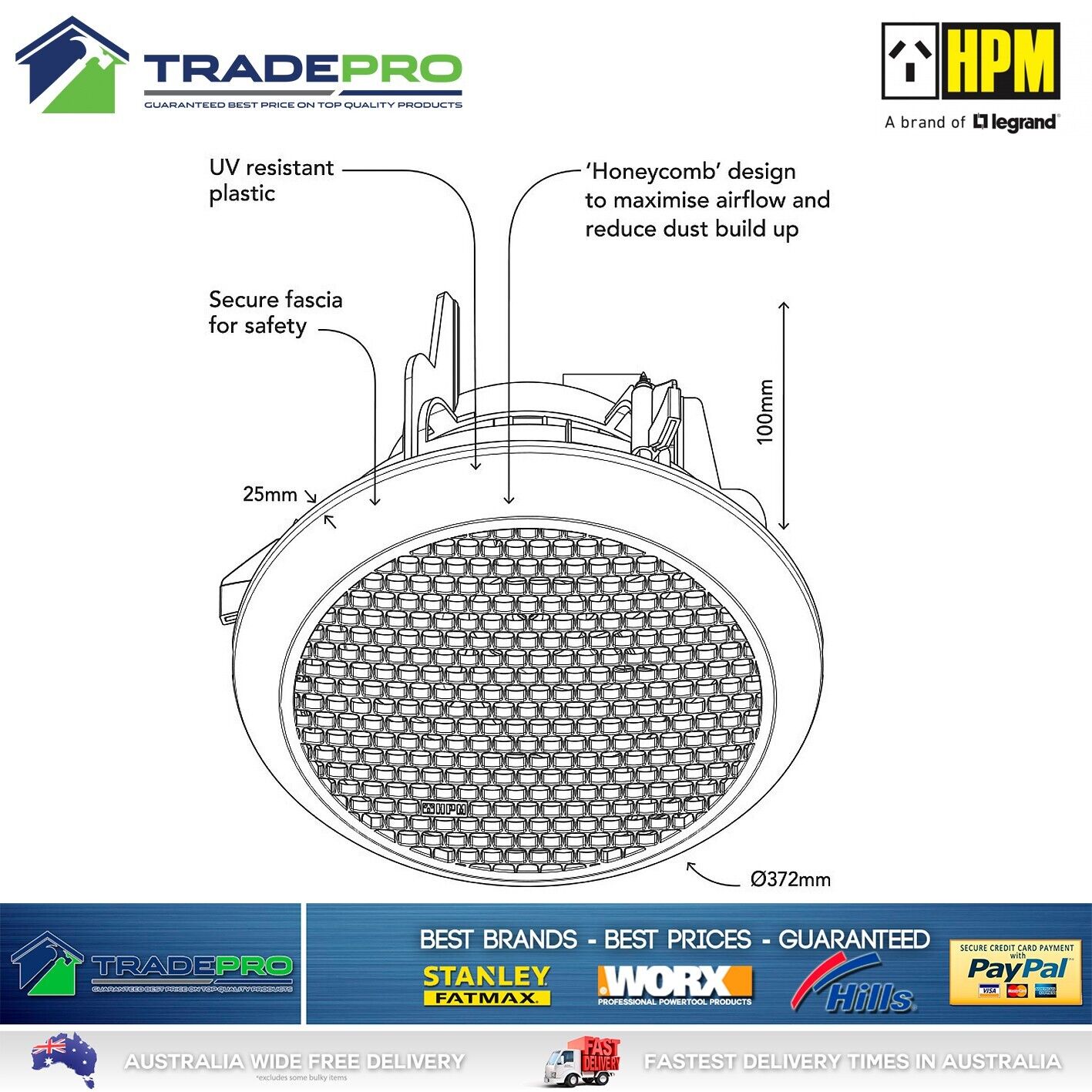 Exhaust Fan Bathroom 250mm Round Quality HPM® PRO Fan Ceiling Kitchen White