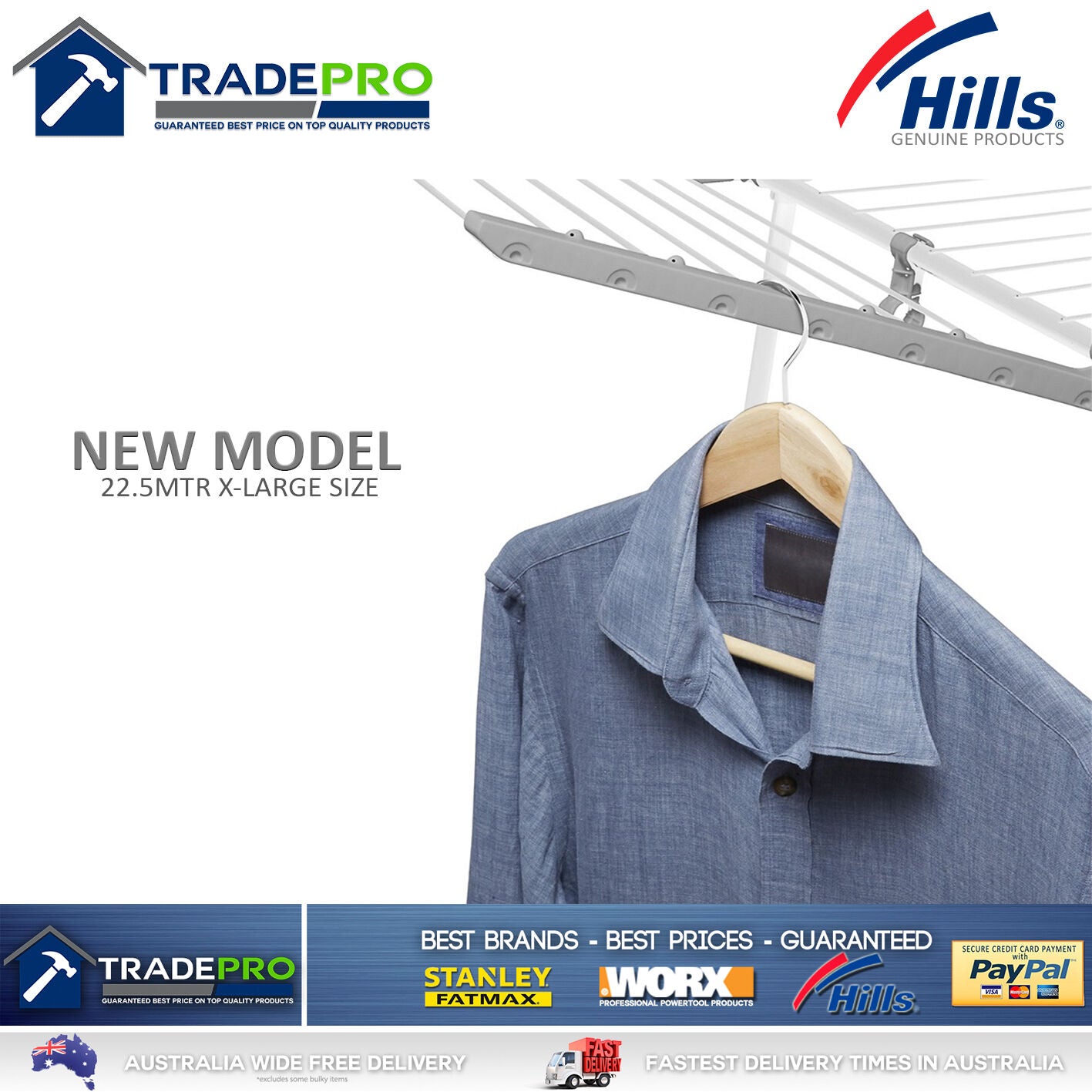 Hills Clothes Line Airer Premium 4 Wing 22.5Mtr Expanding Portable Drying Rack