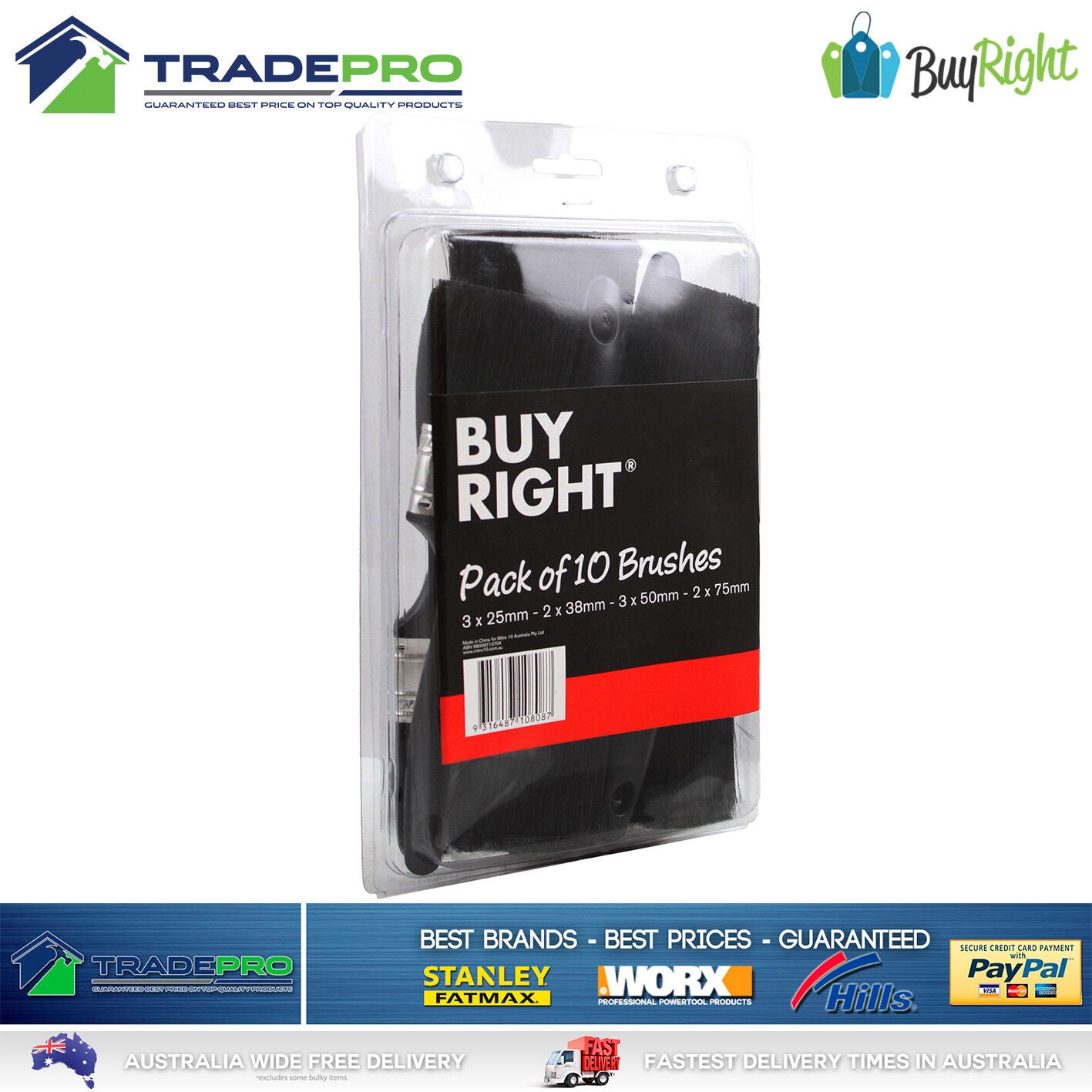 Paint Brush 10pc Set Buy Right® Painting Kit Brushes 25mm 38mm 50mm 75mm 5557582