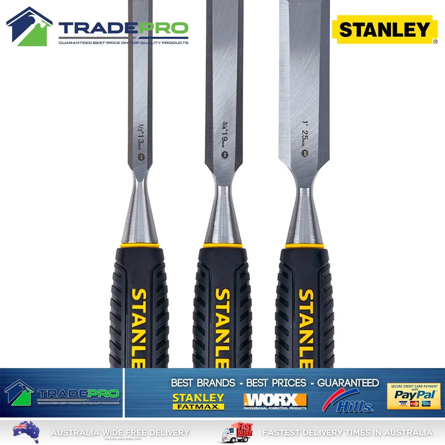 Genuine Stanley Heavy Duty 3 Piece Forged Hardened Chisel Set Wood Cutting PRO