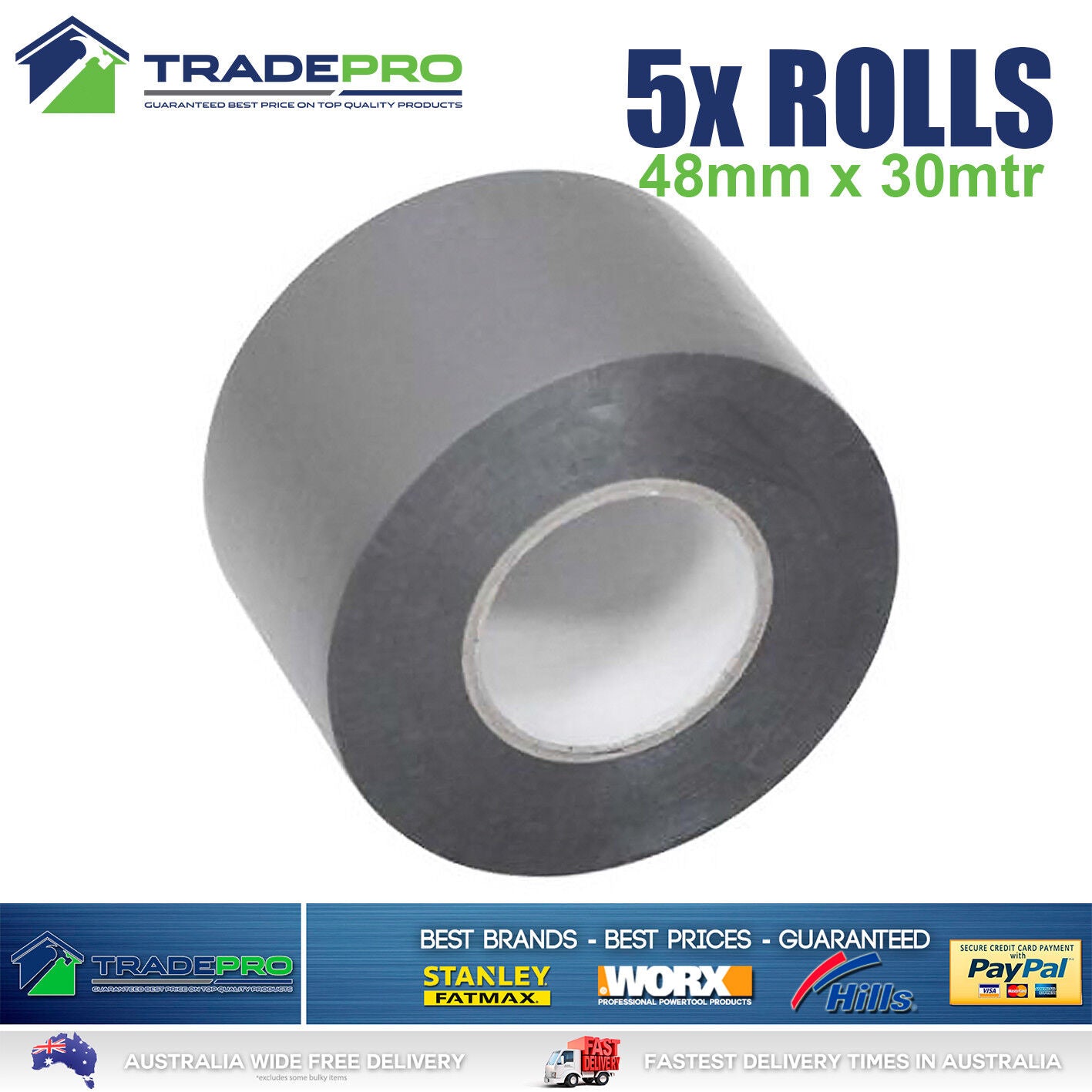 5x Roll PVC Duct Tape 48mm x 30m Silver Great Quality Sealing Duck 30mtr
