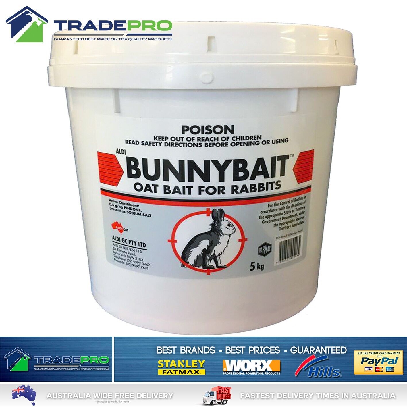 Rabbit Pindone Poison 5kg Bunny Bait Oat Poison Kills Control 5kg Rabbits
