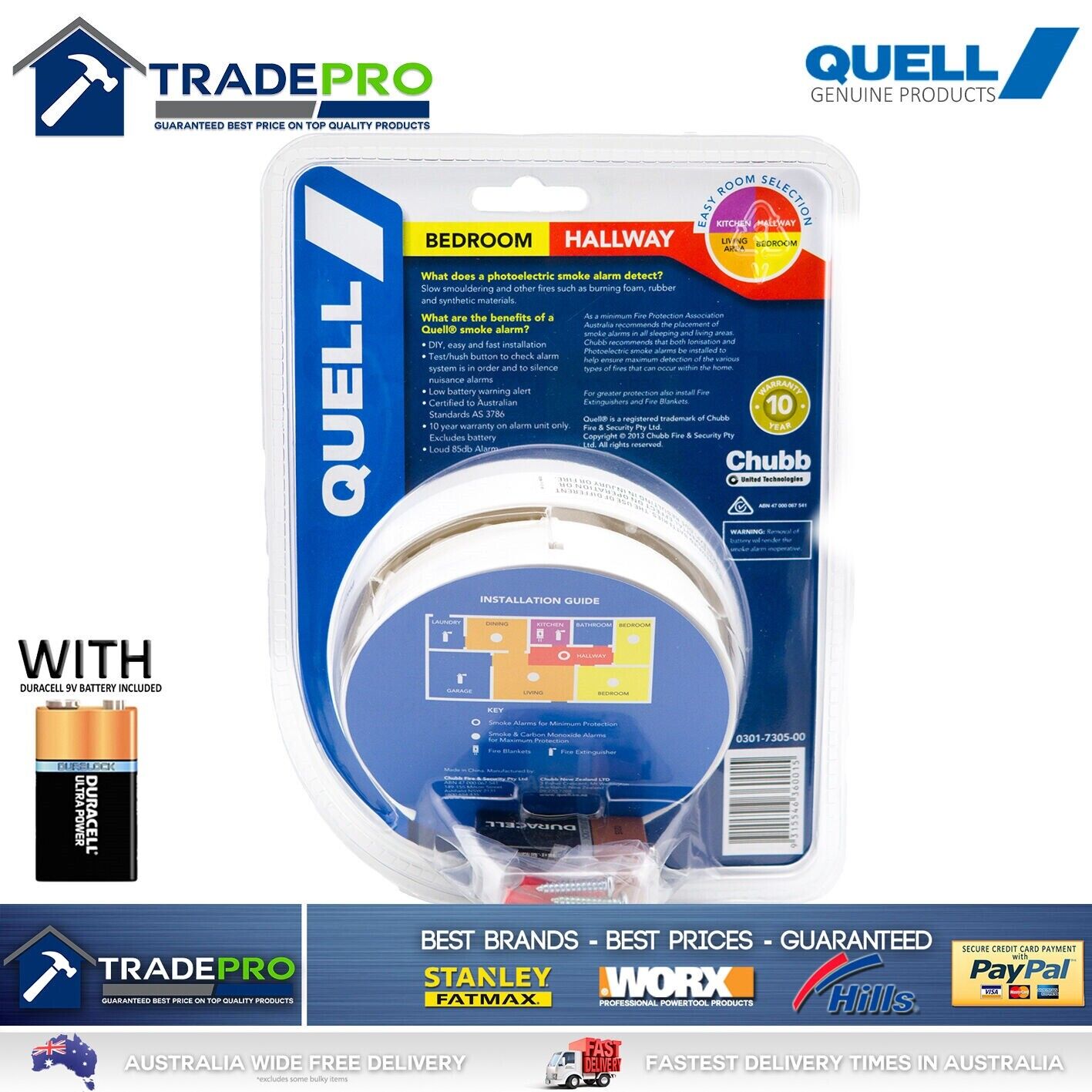 Smoke Alarm Fire Detector Quell® Photoelectric Worry Free Intelligent Bonus 9V