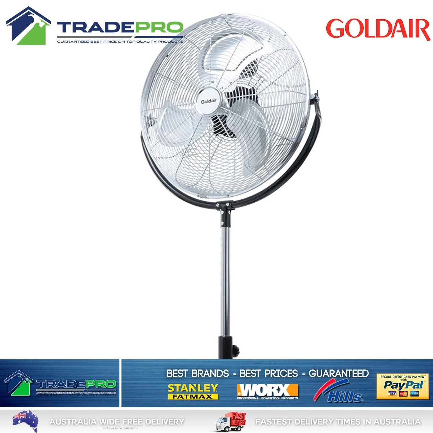 Pedestal Fan High Velocity 45cm Goldair Black Chrome 3 Speed & Tilt Oscillate