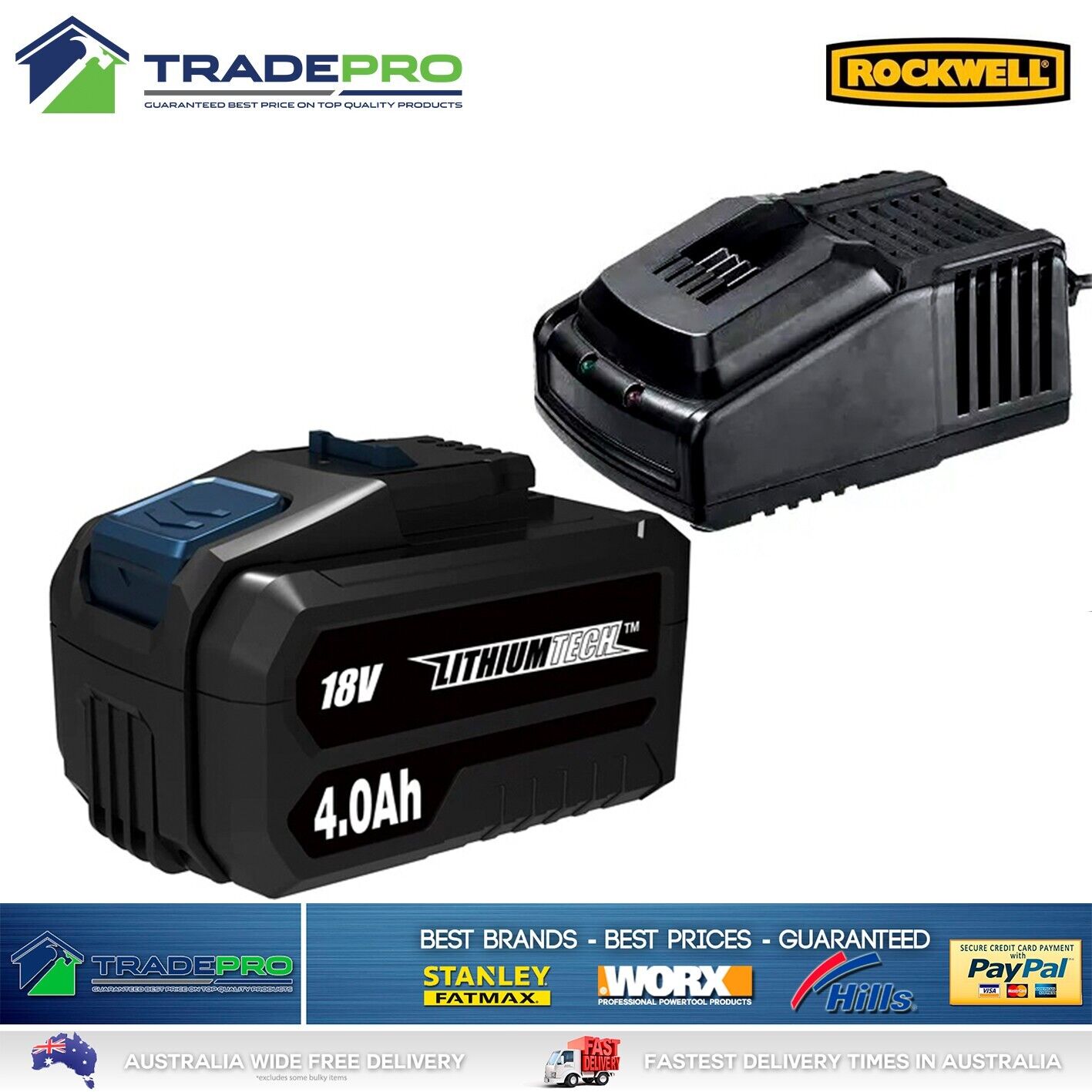 Rockwell® Genuine 18V 4.0Ah Li-Ion Battery & Rapid Charger Kit Rechargeable Pro