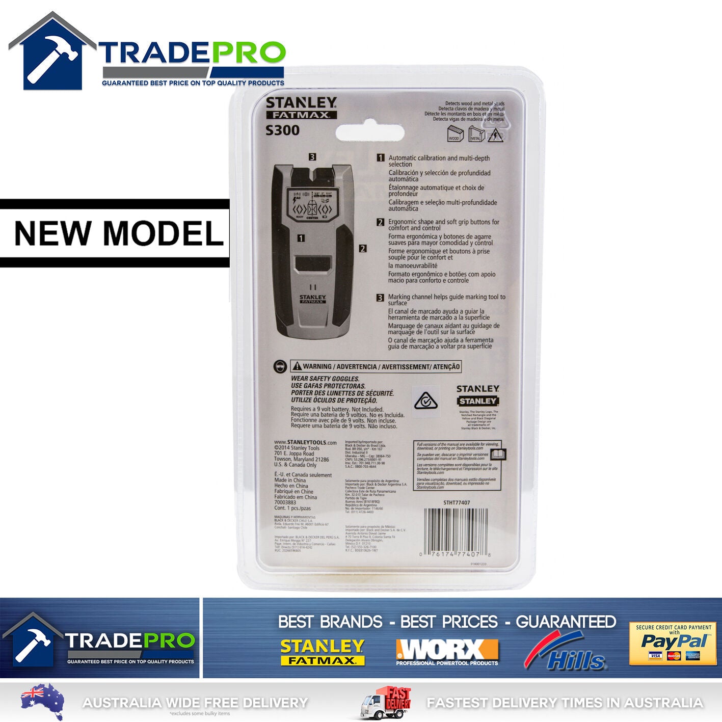 Stanley Stud Detector Sensor Finder S300 NEW MODEL AC Detection Metal &Wood Scan
