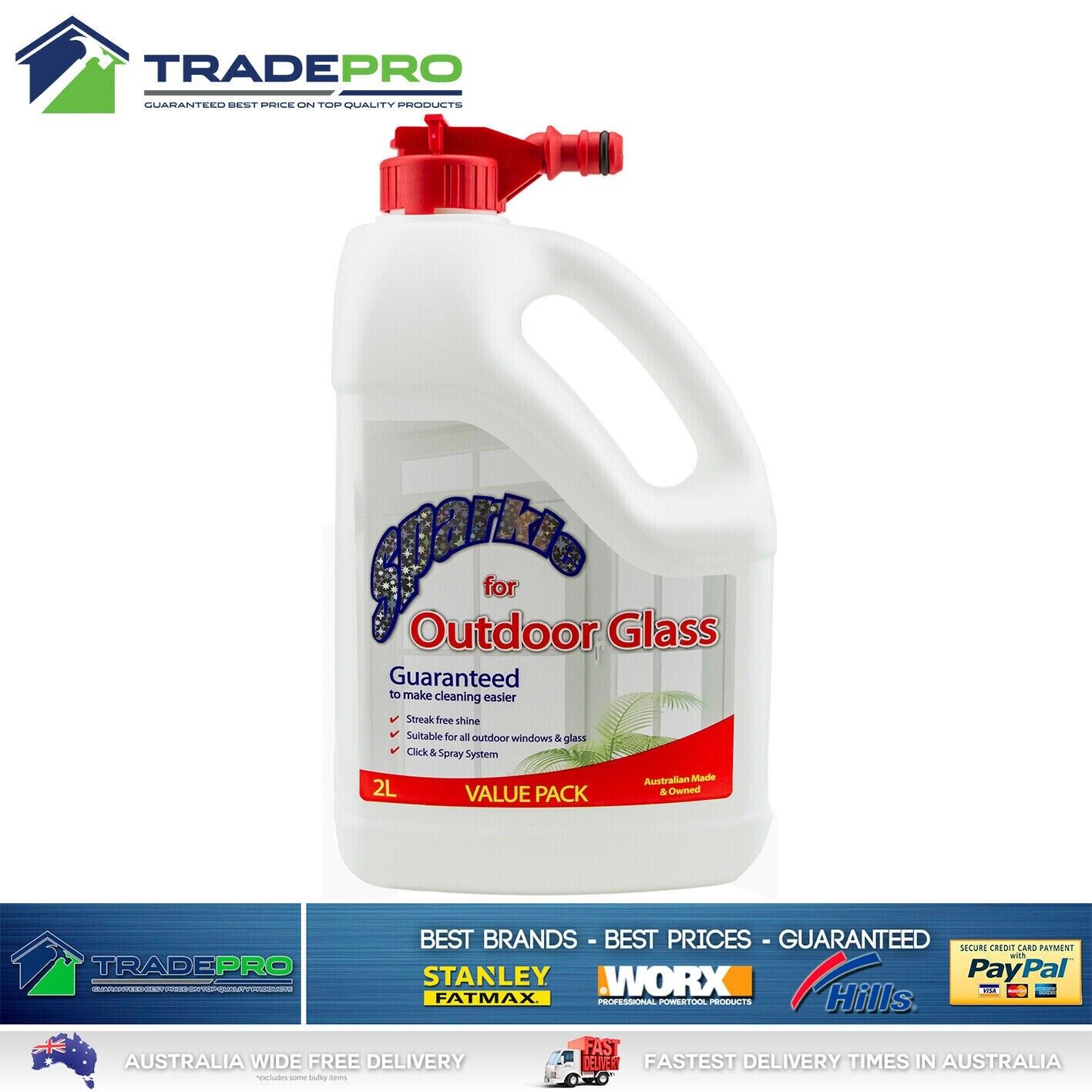 Glass Cleaner 2L PRO Hose On Window Clean Sparkle Outdoor Click Spray 2Ltr Litre