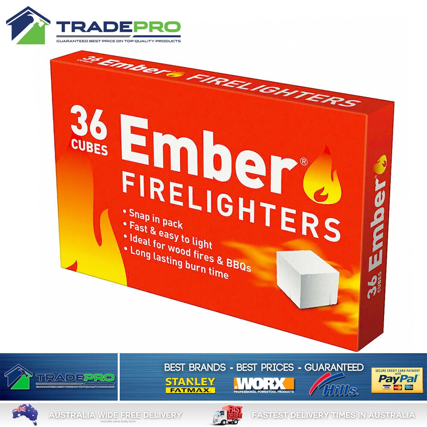 Ember Firelighters Starter Jiffy 36 Pc Low Odour Wood Fire Kindling BBQ Lighter