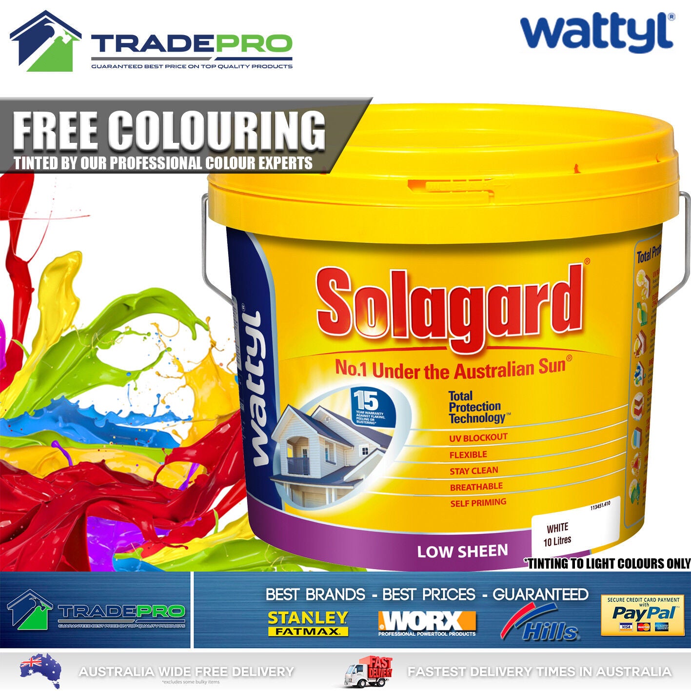 Paint White 10L Wattyl SOLAGARD® Low Sheen FREE TINTING INT & EXT Solar Guard