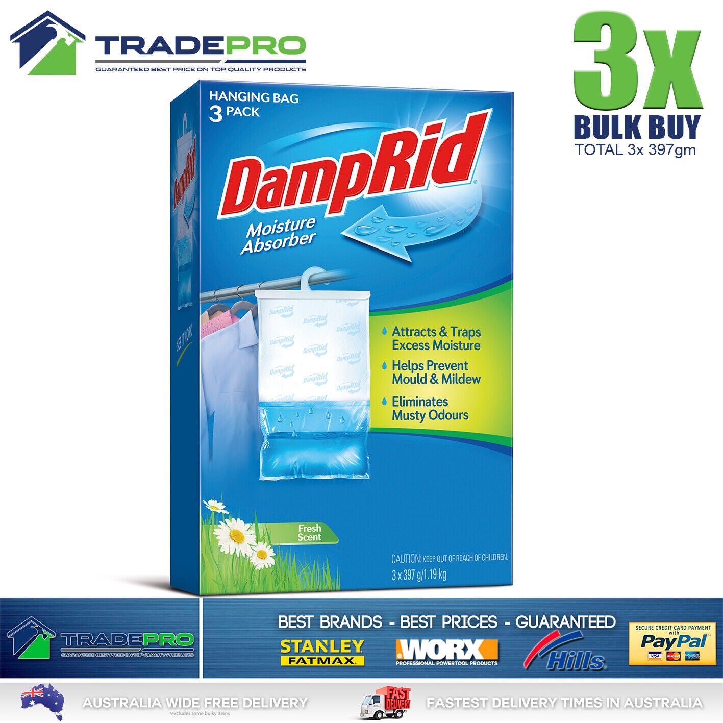 3x DampRid Hanging Moisture Absorber 397g Damp Rid Packs Model Mould Odour Kill