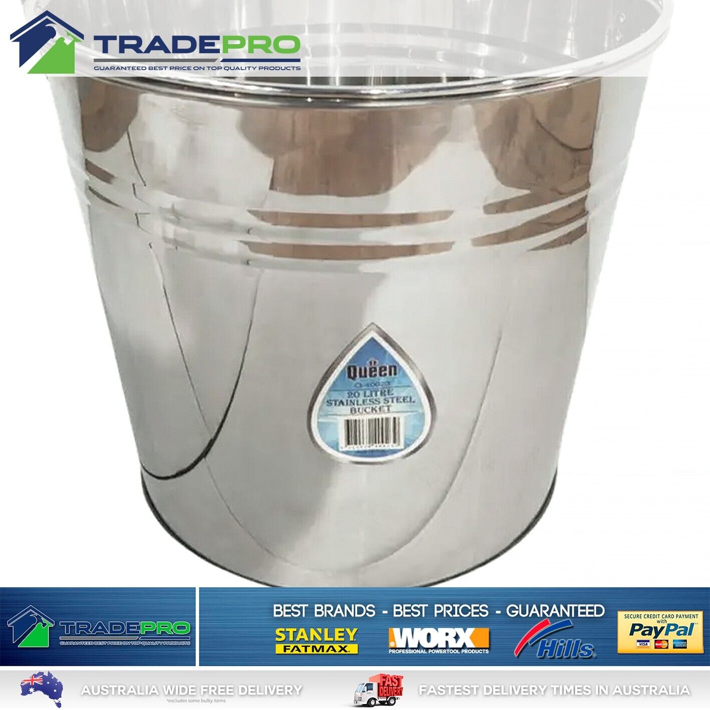 Stainless Steel Bucket with Handle 20Ltr Heavy Duty Quality 20L Marine Pail