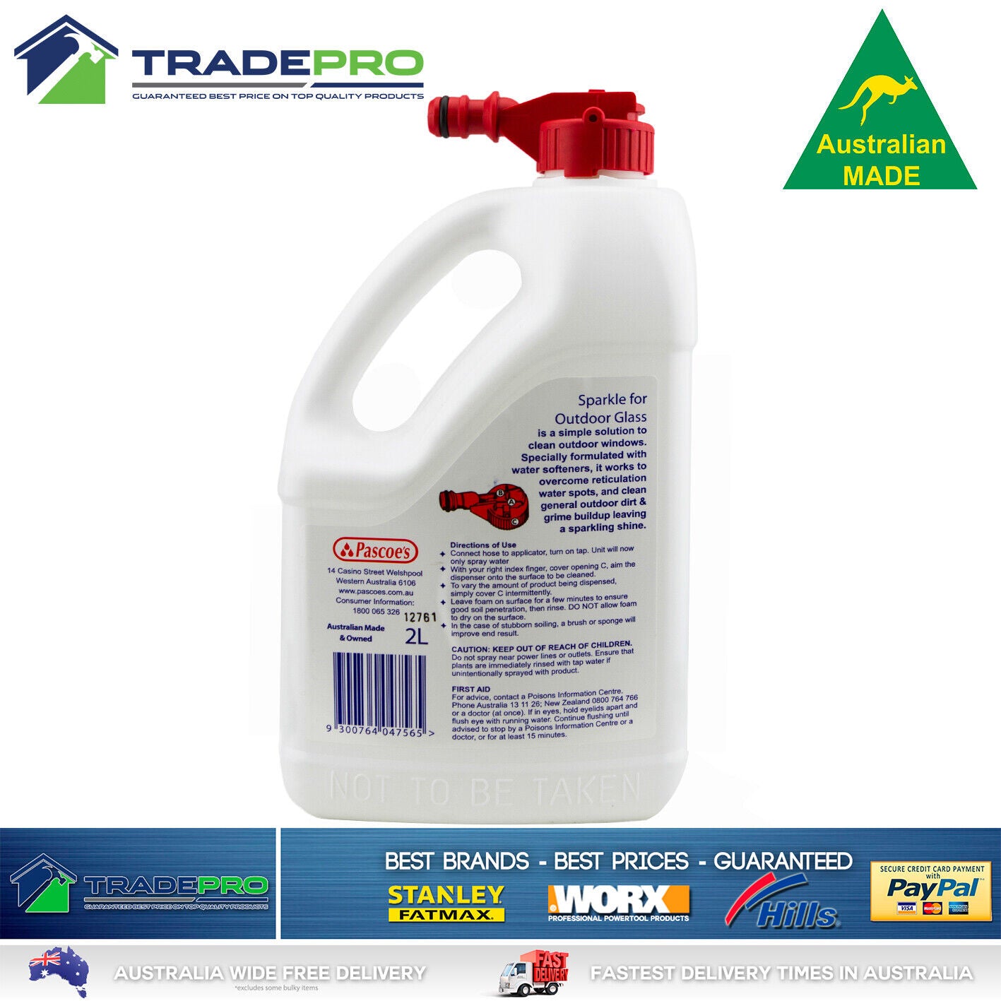 Glass Cleaner 2L PRO Hose On Window Clean Sparkle Outdoor Click Spray 2Ltr Litre