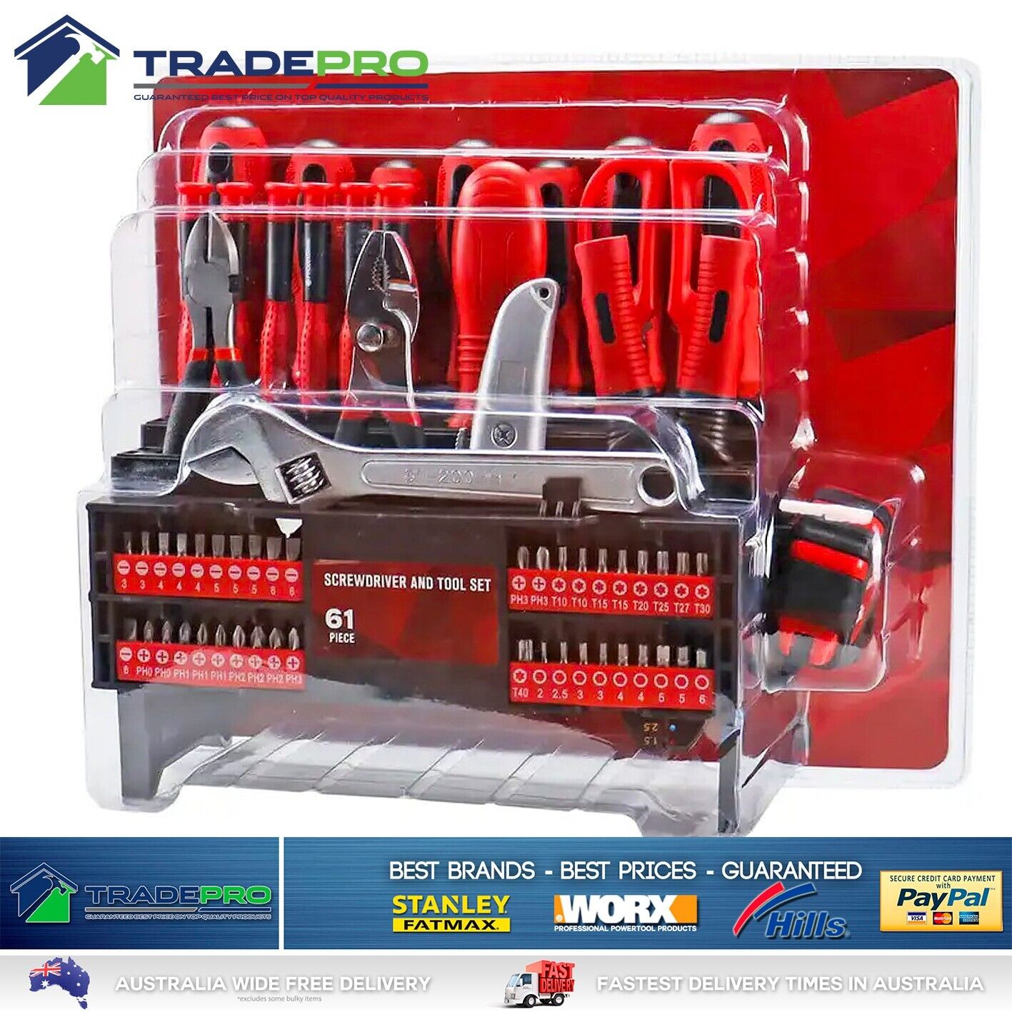 Tool Set 61pc Cr-V Screwdriver Plier Tape Measure Wrench Knife Kit Workbench PRO