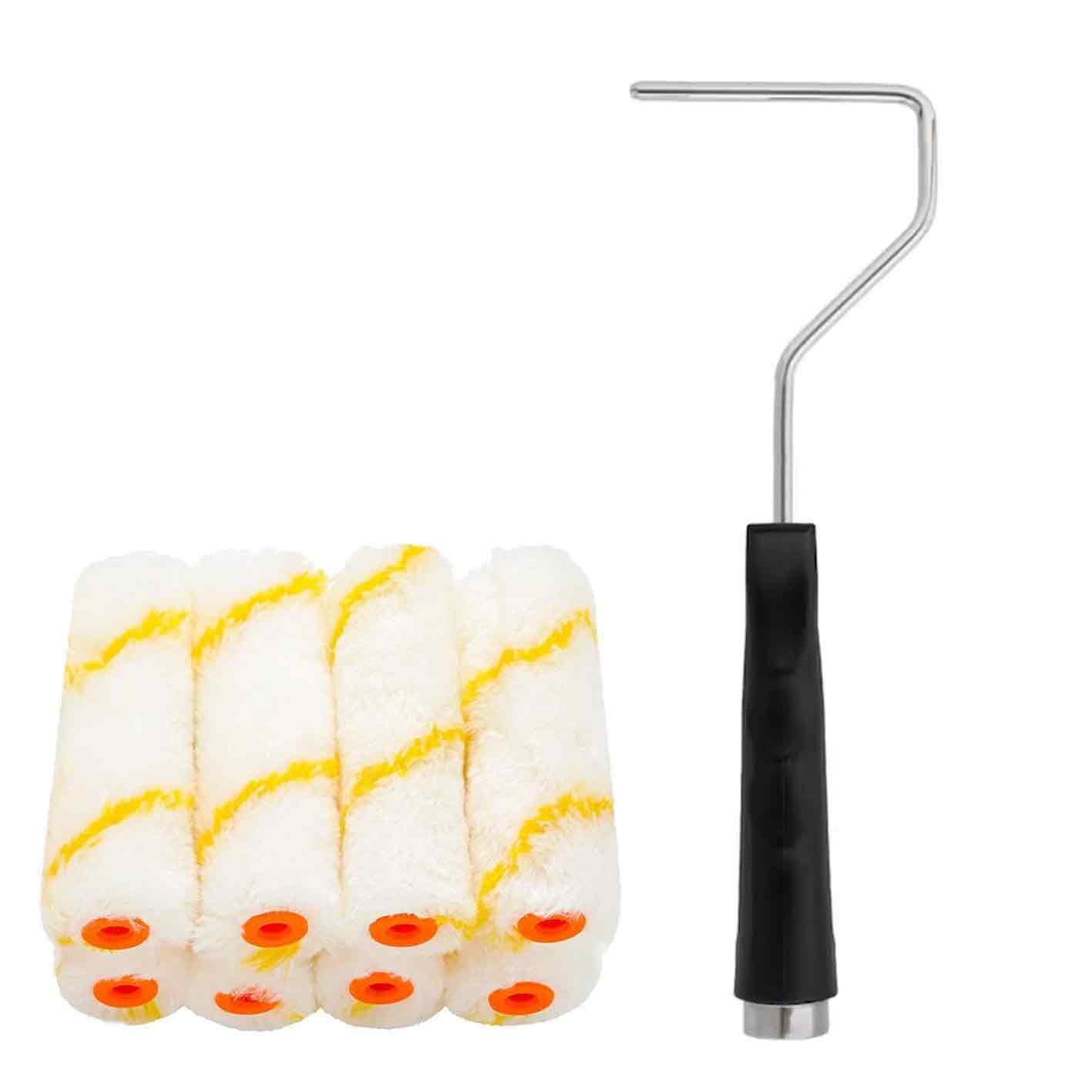 Mini Paint Roller Frame Set 10pc 100mm 4" Microfibre Sleeve & Roller Frame