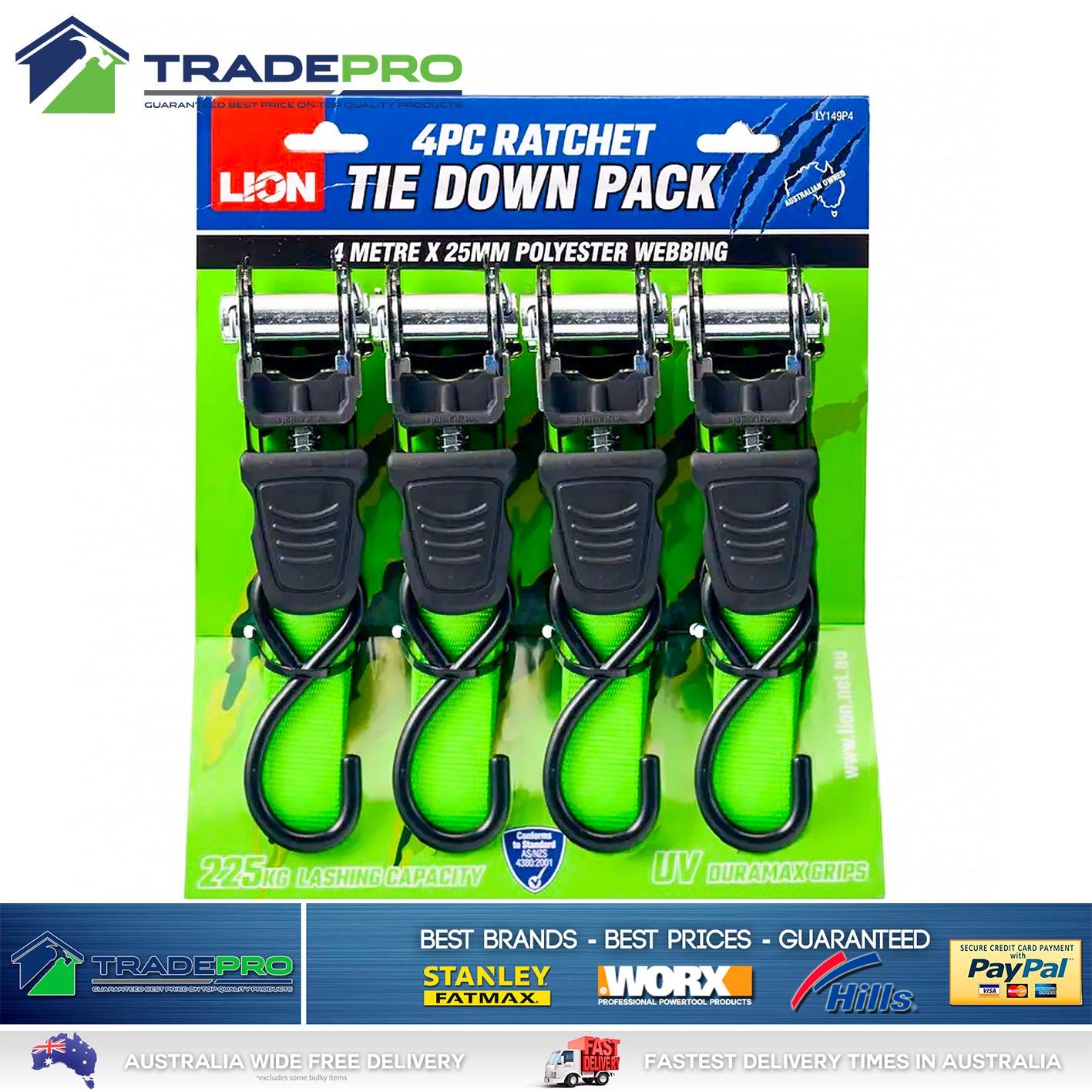 Ratchet Tie Down Heavy Duty 4x25MM 4PC 4M PRO Trailer Truck Commercial Straps