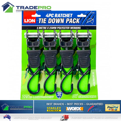 Ratchet Tie Down Heavy Duty 4x25MM 4PC 4M PRO Trailer Truck Commercial Straps