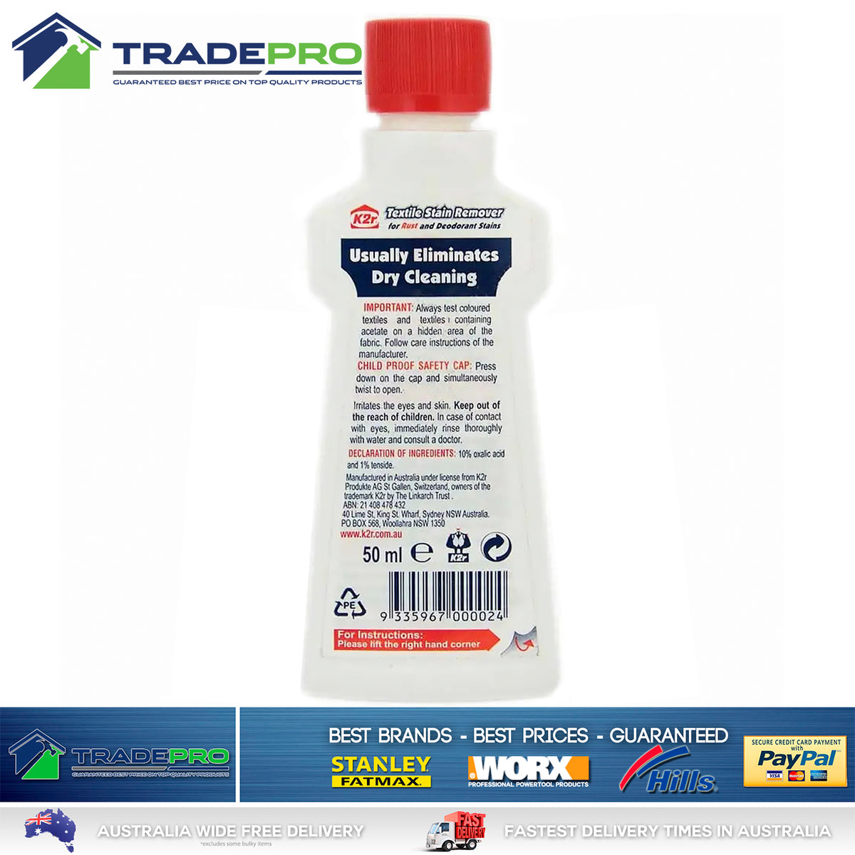 6x K2R Textile Stain Remover For Rust Deodorant Stain Clothes Fabric Carpet 50ml