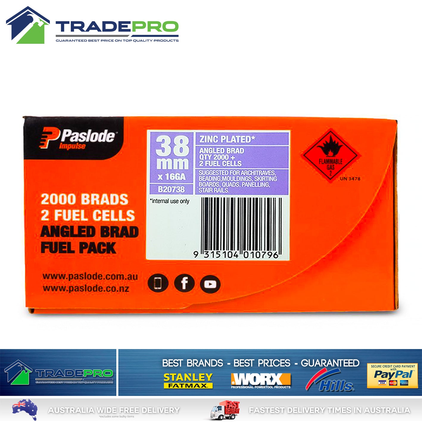 3x Paslode Genuine Impulse Trimmaster 38mm 2000 16 Gauge Zinc Angled Nails & 2x Gas