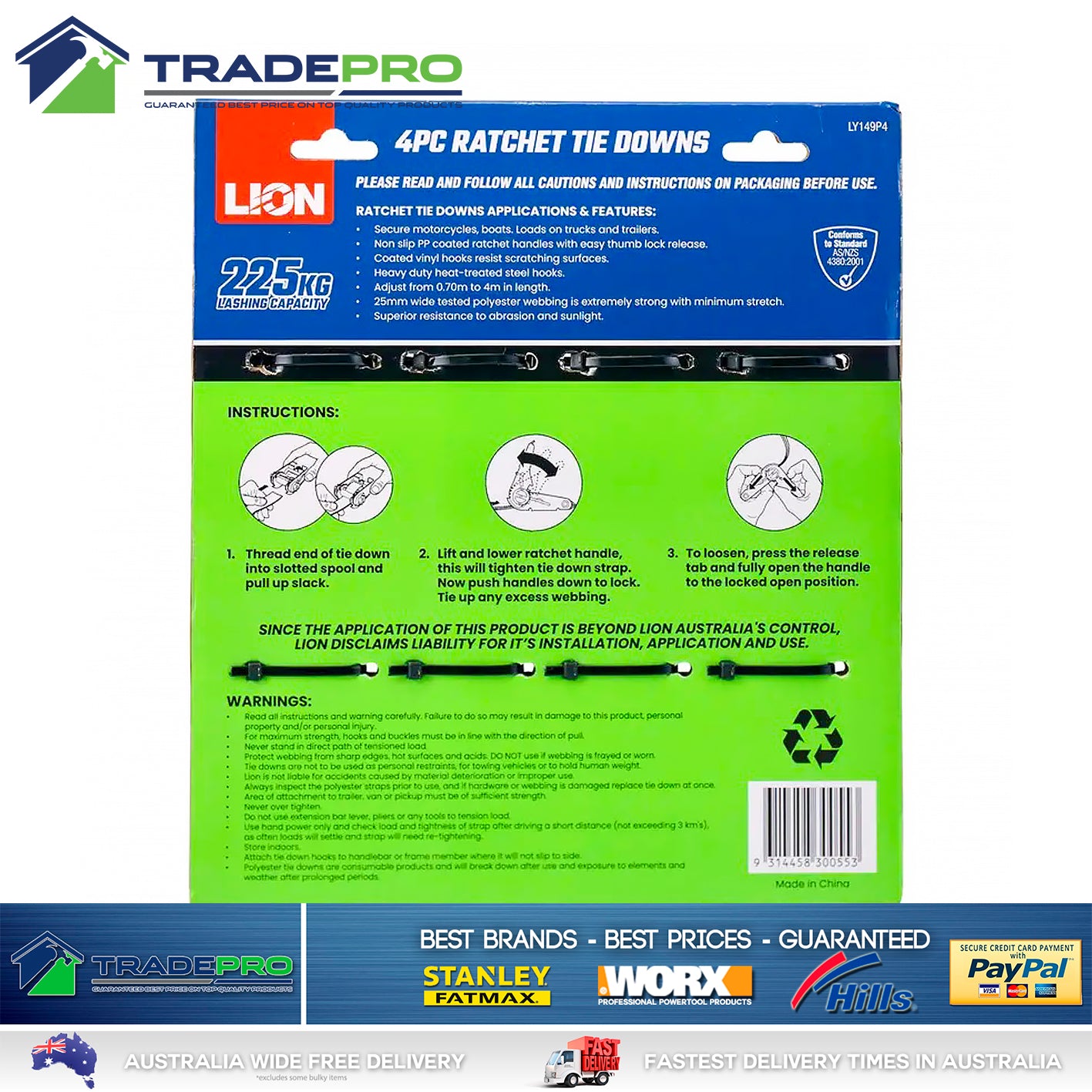 Ratchet Tie Down Heavy Duty 4x25MM 4PC 4M PRO Trailer Truck Commercial Straps